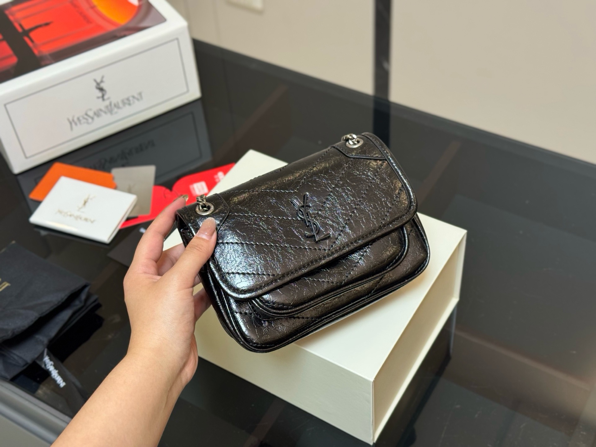 ¥263 Folding Box Airplane Case | | Size: 18 13cm | The Long-awaited | Yves Saint Laurent Mini Baguette Niki Finally Arrived | High Order Version Niki | Ysl Niki The Leather Is Soft And Waxy Texture ️ | Small Body, Large Capacity For Two Mobile Phones | Highly Recommend Our Mini Niki