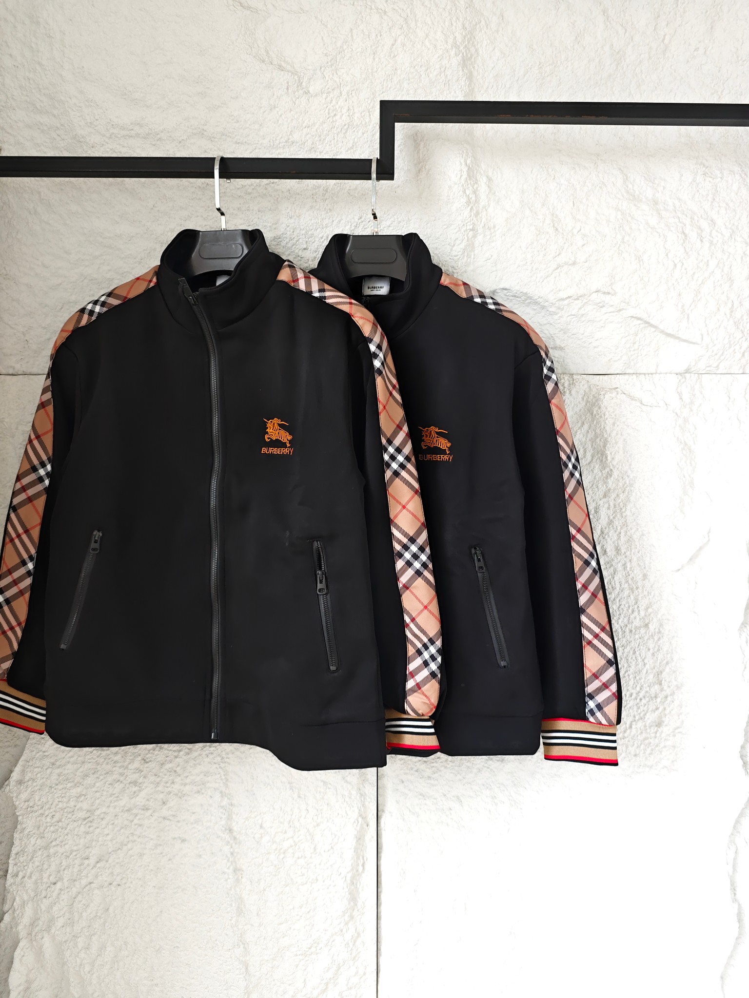 Burberry Embroidered Logo Plaid Panel Jacket Black