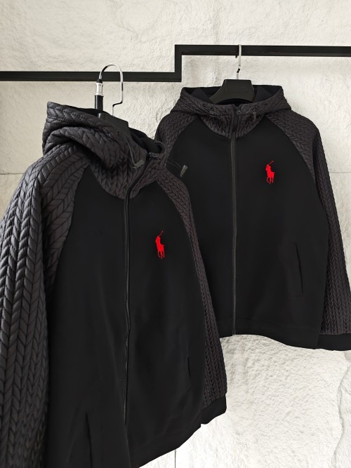 Ralph Lauren Men's Black Full-Zip Knit Sleeve Hoodie Jacket with Red Logo 1 Ralph Lauren Men's Black Full-Zip Knit Sleeve Hoodie Jacket with Red Logo