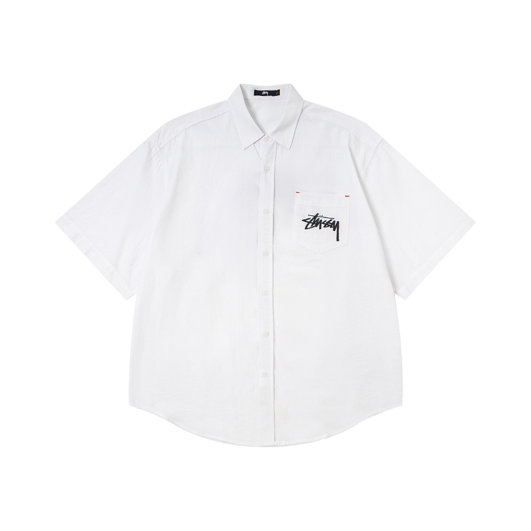 🔥款号6964# P75 （现货发售） stussy 斯图西樱桃黑八印花翻领短袖衬衫 25夏季新款男女同款
颜色：白色
码数：s m l xl