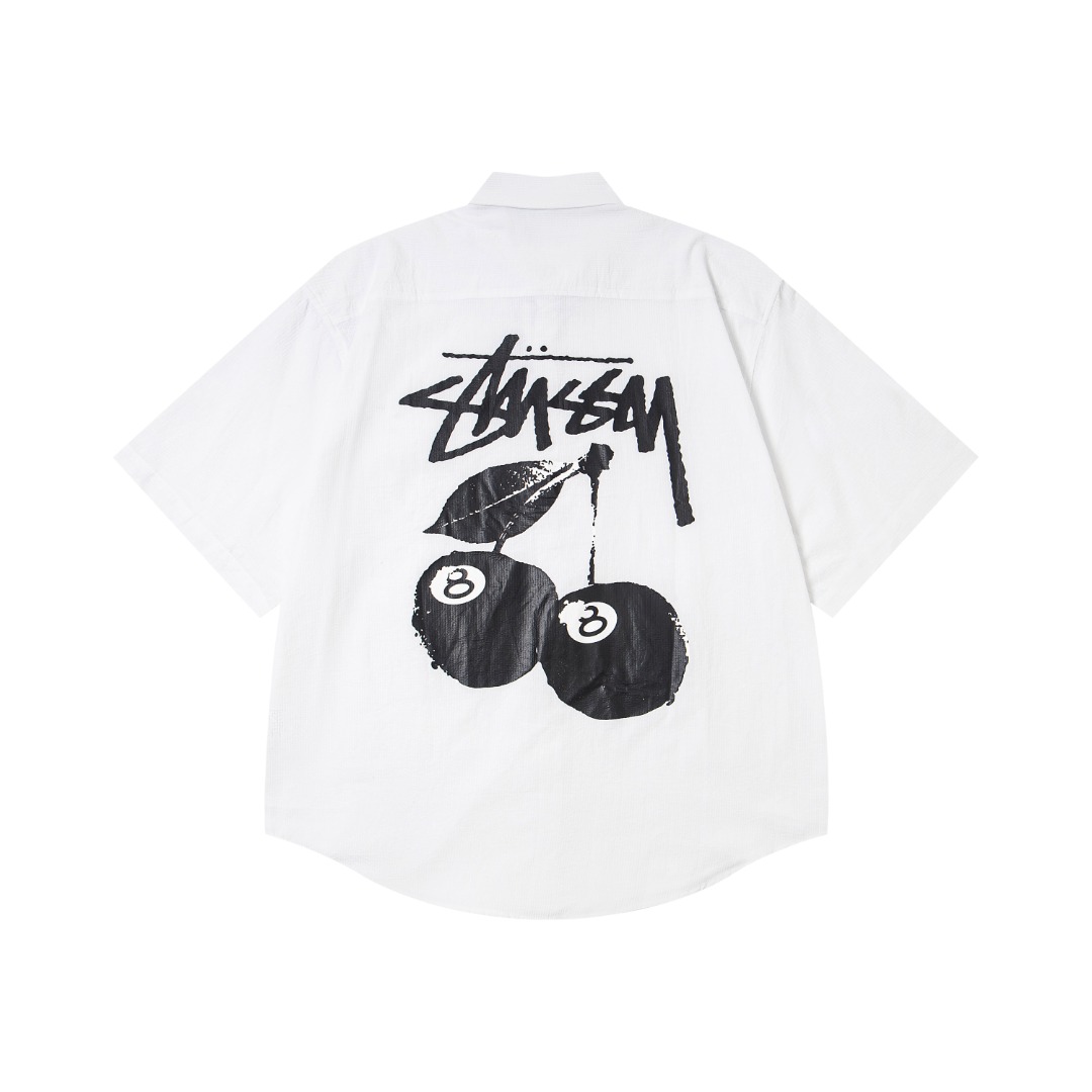 🔥款号6964# P75 （现货发售） stussy 斯图西樱桃黑八印花翻领短袖衬衫 25夏季新款男女同款
颜色：白色
码数：s m l xl