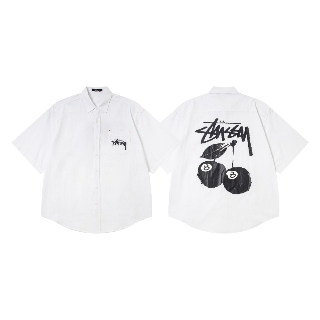 🔥款号6964# P75 （现货发售） stussy 斯图西樱桃黑八印花翻领短袖衬衫 25夏季新款男女同款
颜色：白色
码数：s m l xl