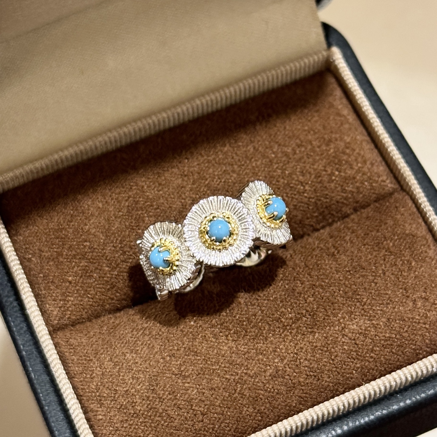 
A6442 👑爆款 中古系列🌼Vintage 蓝松石小雏菊 磨砂双色戒指，绽放指尖的复古浪漫每一次佩戴
