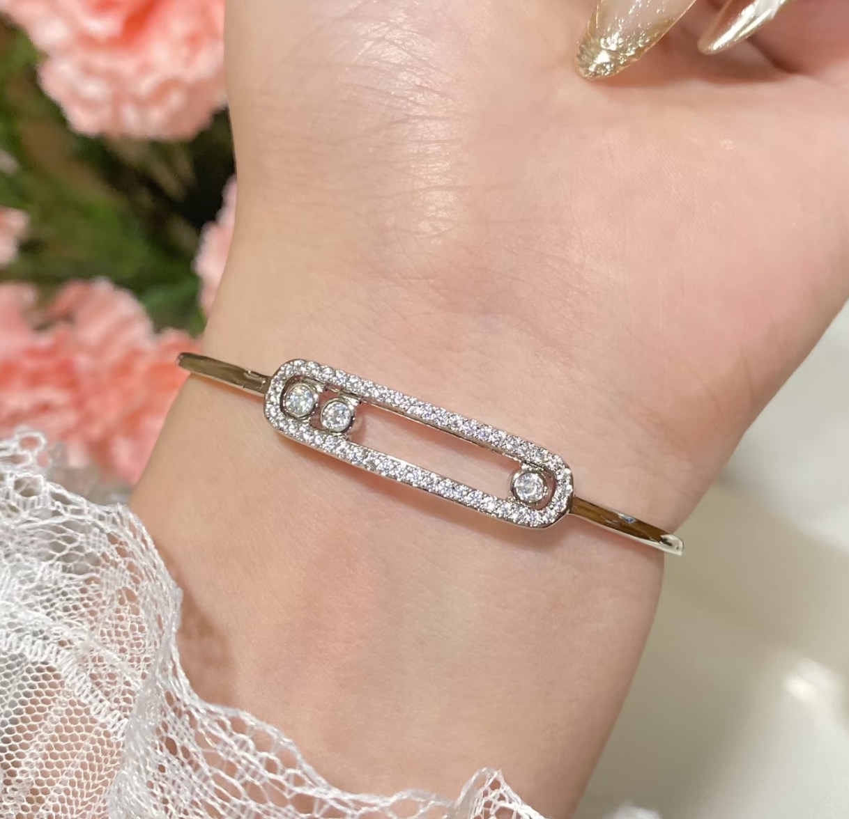 Hermès S0212 火爆 好莱坞最IN的珠宝品牌 梅西卡 新款奢侈 三钻滑动 手镯 925纯银镀K金 镶嵌工艺