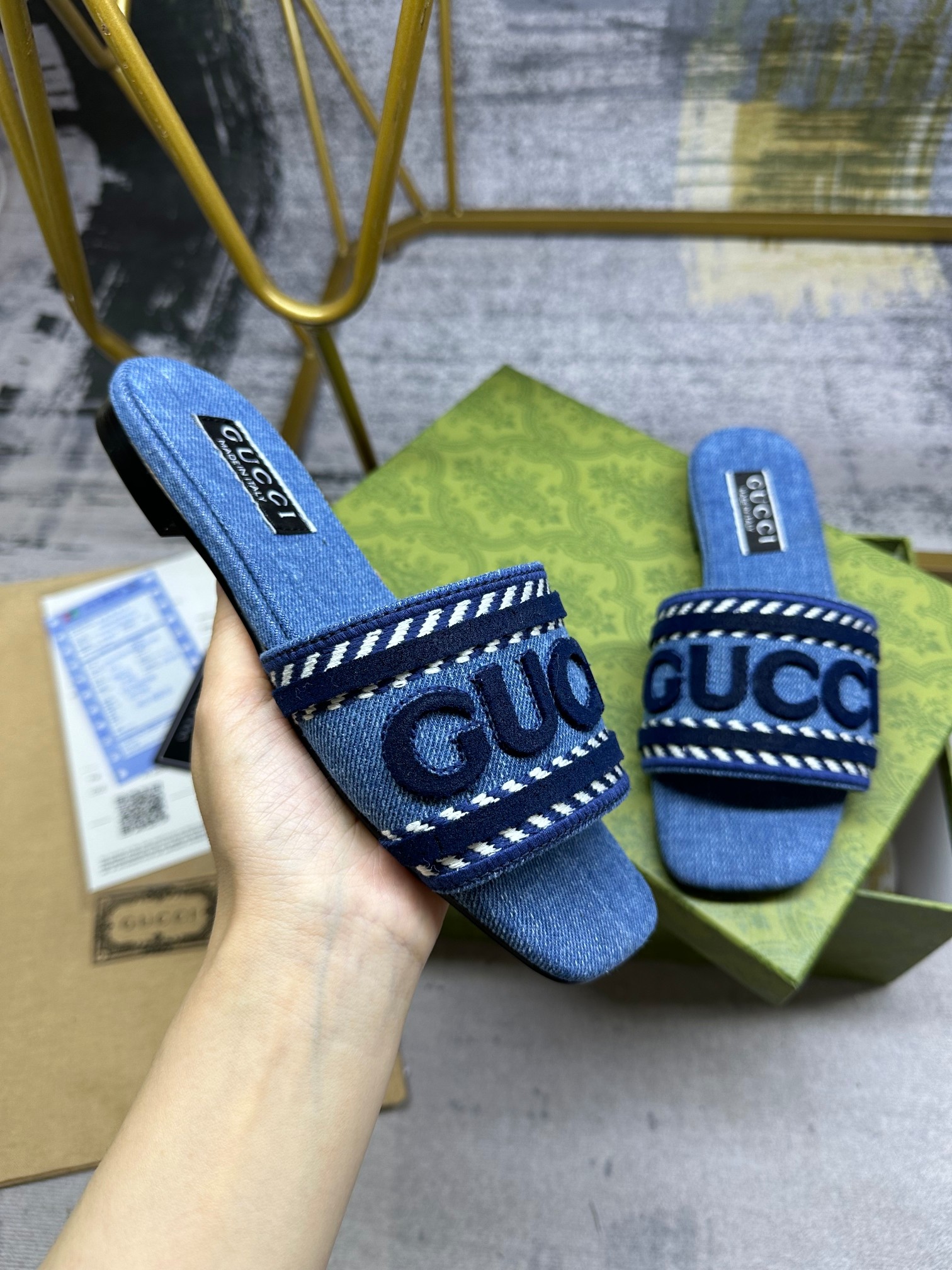 Gucci Shoes Slippers Blue Embroidery Denim Genuine Leather Rubber Sheepskin
