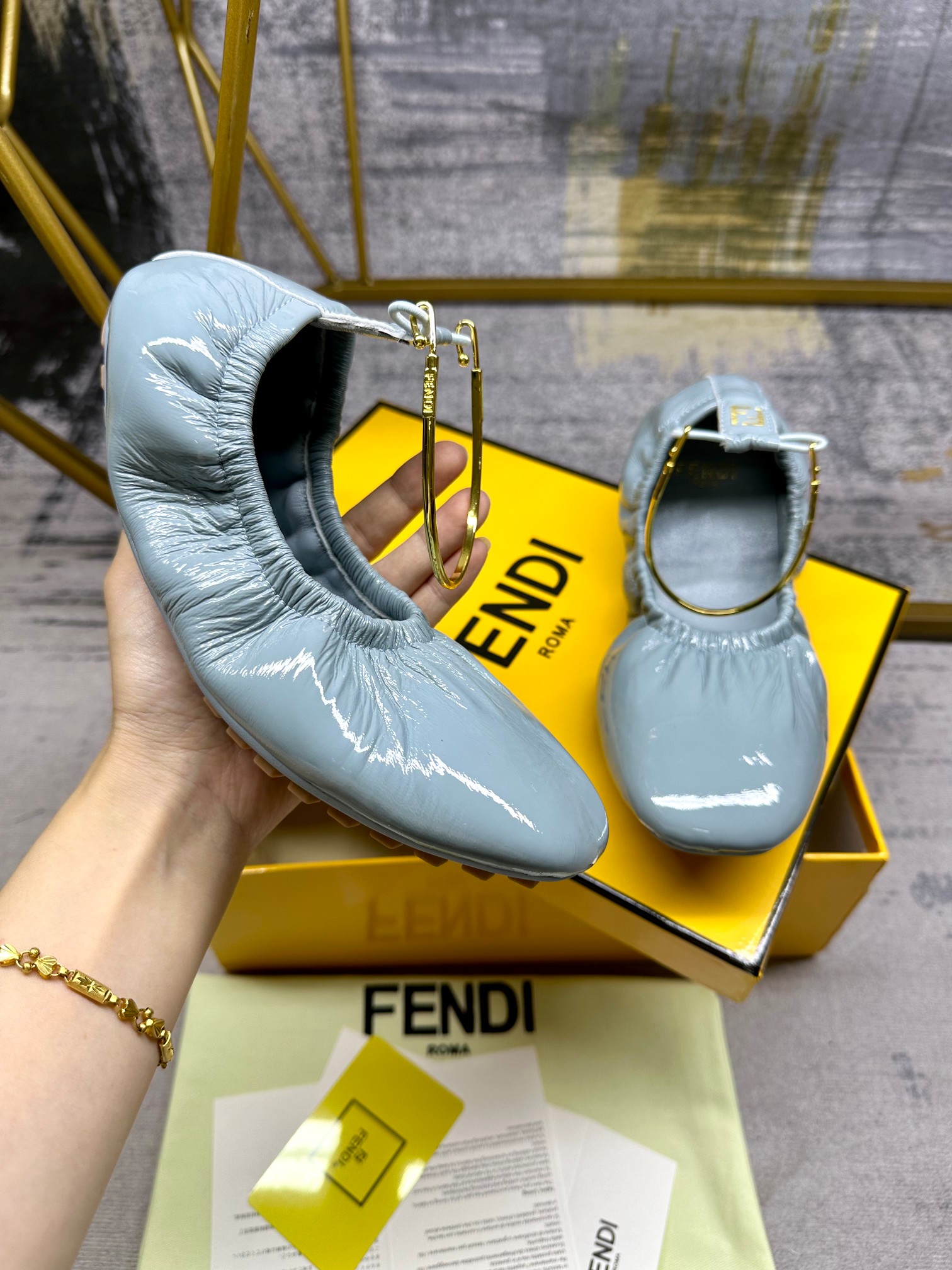 Fendi Flat Shoes Blue Patent Leather Sheepskin