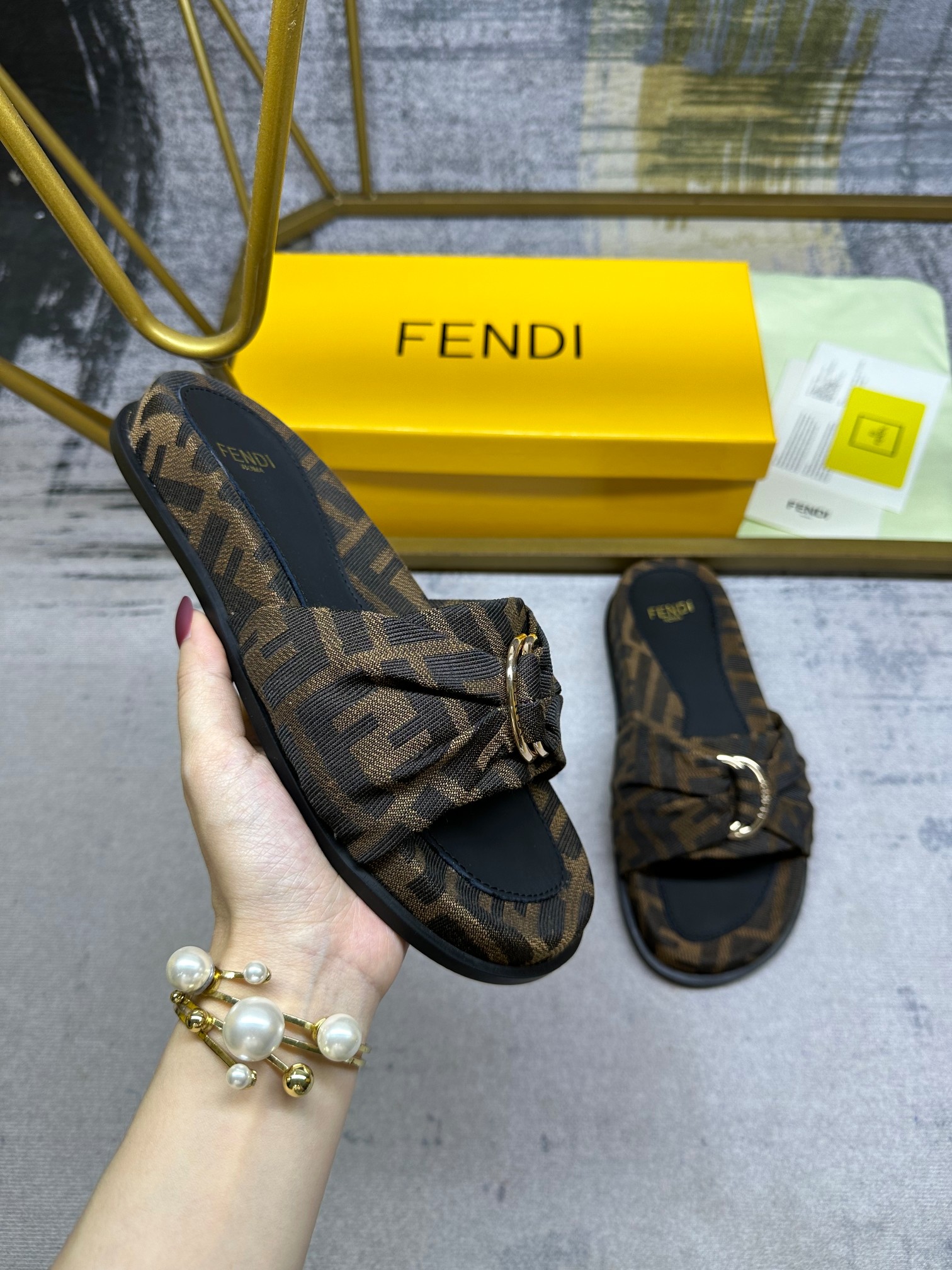 Fendi Shoes Slippers Gold Sheepskin