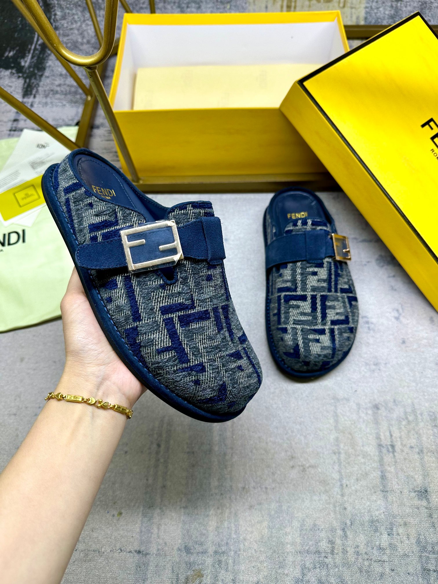 Fendi Men's Blue FF Chenille Jacquard Half-Covered Slippers with Buckle