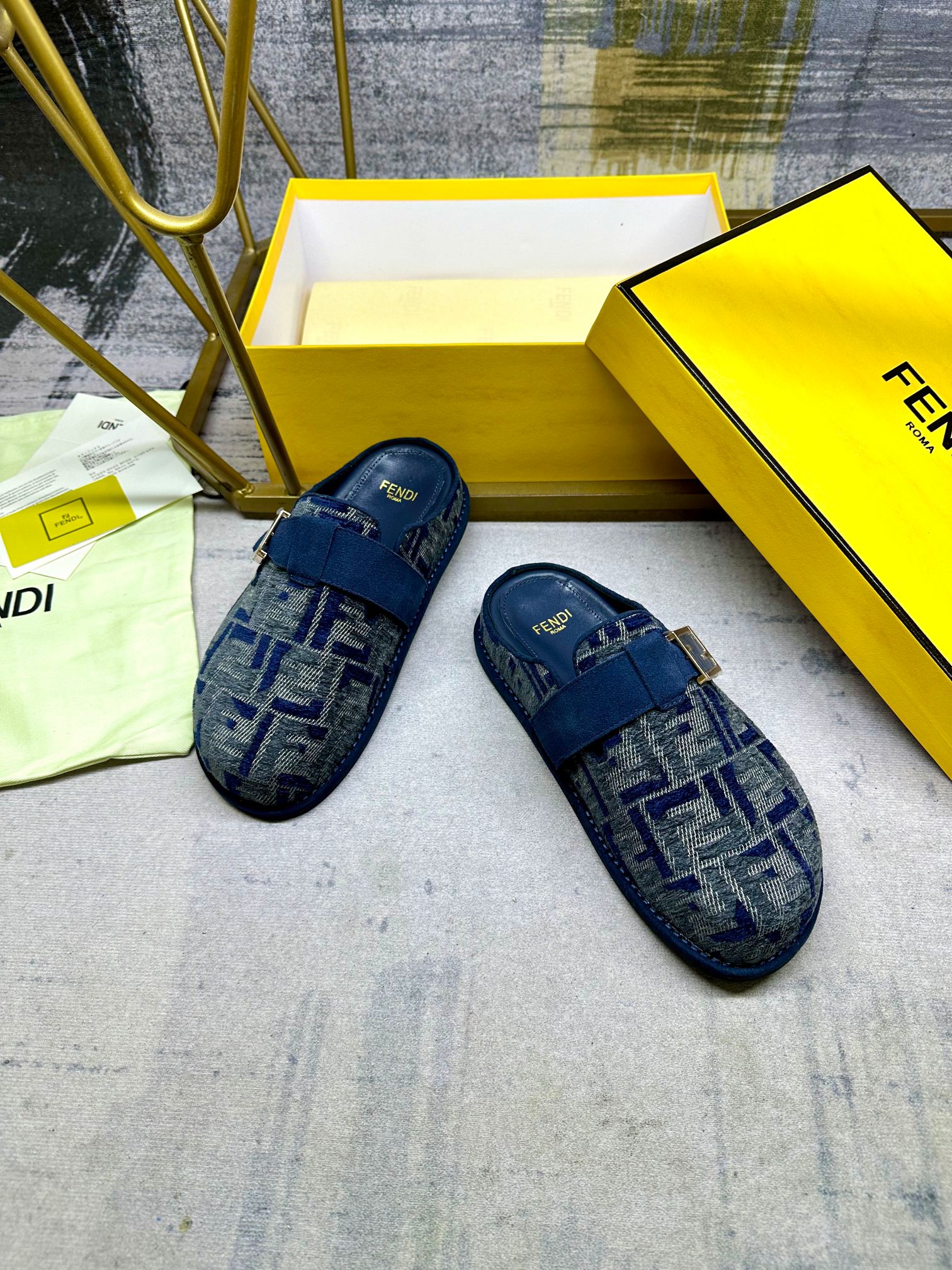 Fendi Men's Blue FF Chenille Jacquard Half-Covered Slippers with Buckle 3 a1739261482009 1044