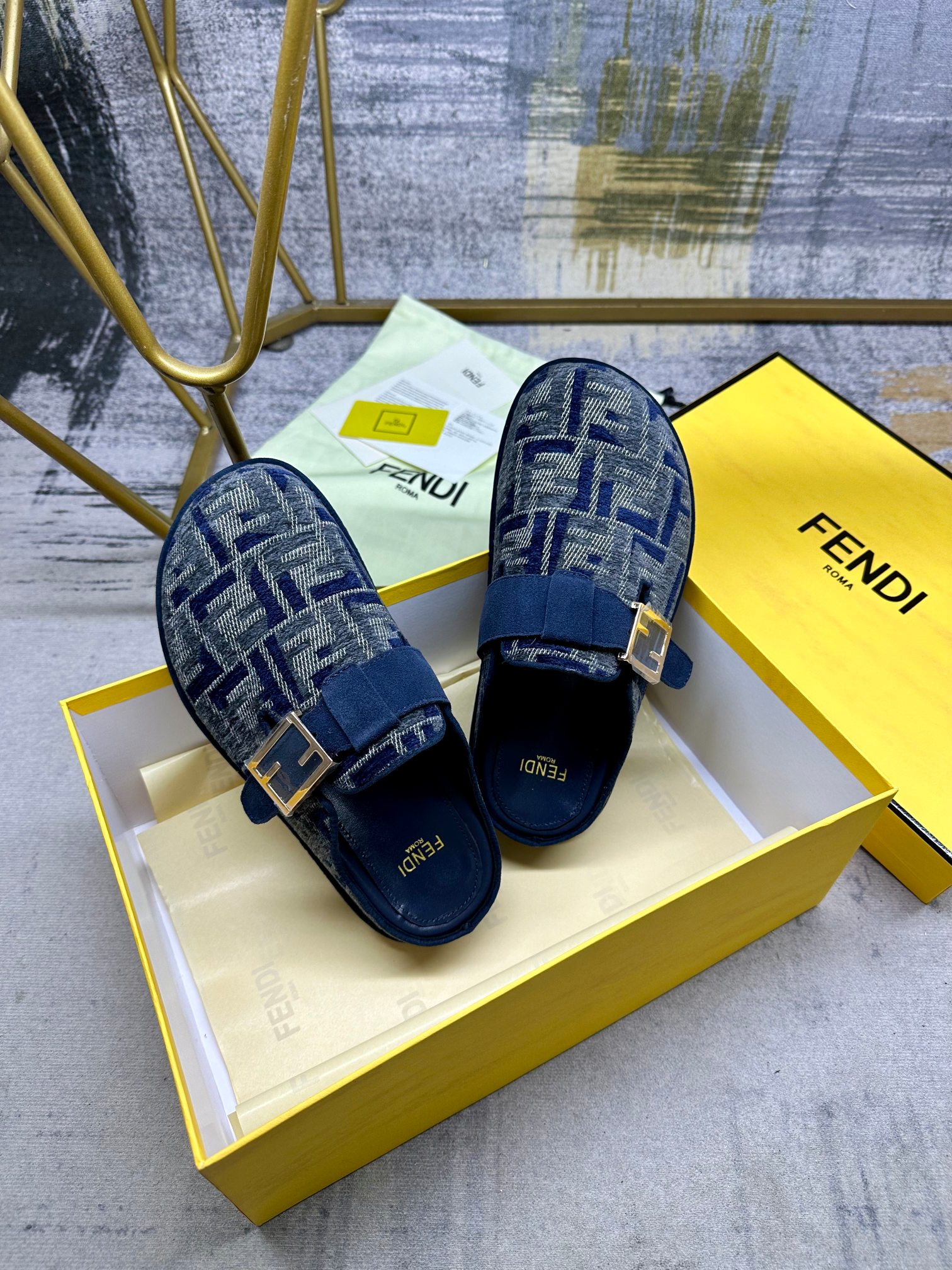 Fendi Men's Blue FF Chenille Jacquard Half-Covered Slippers with Buckle 7 a1739261488750 7031