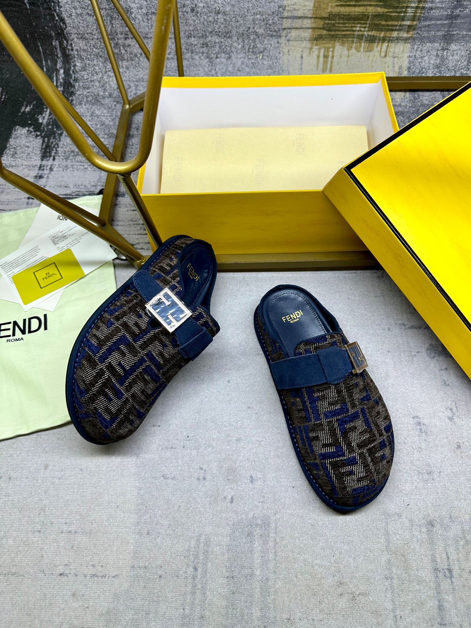 Fendi FF Motif Slippers with Decorative Buckle - Blue and Gray Chenille 4 a1739261549858 0153