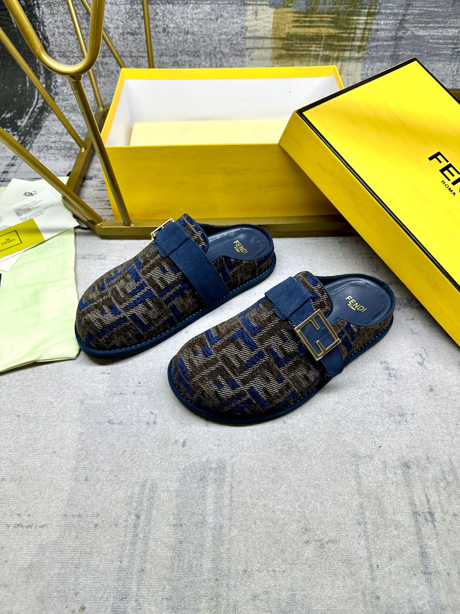 Fendi FF Motif Slippers with Decorative Buckle - Blue and Gray Chenille 3 a1739261550118 4302