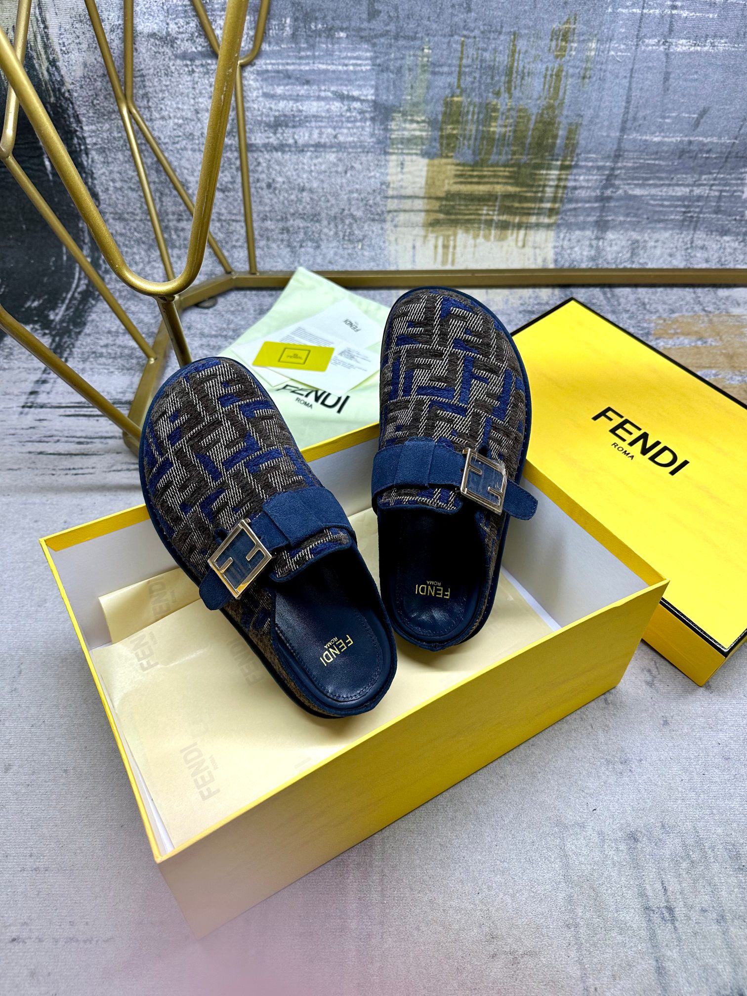 Fendi FF Motif Slippers with Decorative Buckle - Blue and Gray Chenille 7 a1739261556654 1722