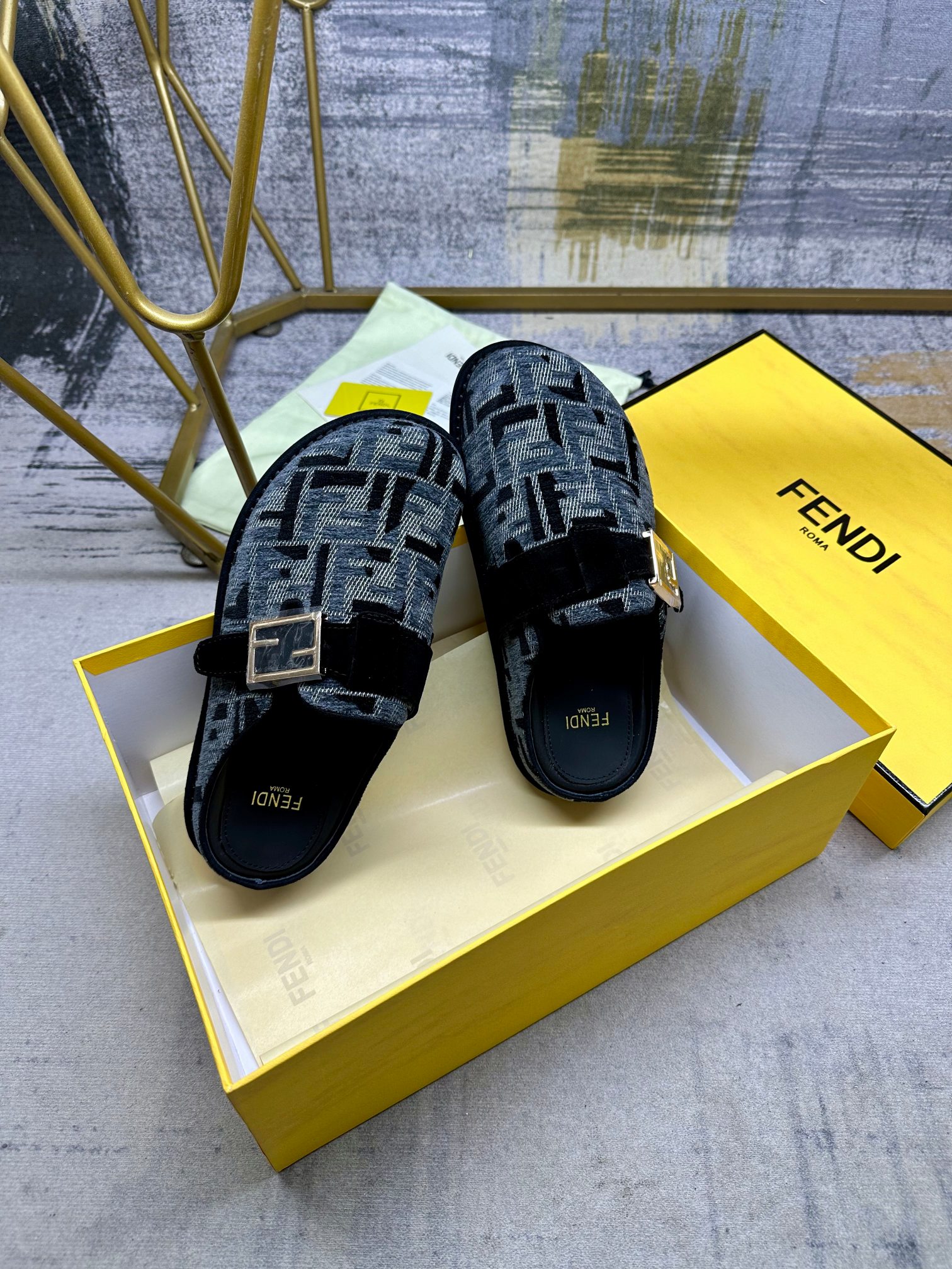 Fendi Men's Blue/Grey FF Jacquard Chenille Half-Slipper with FF Buckle 7 a1739261589773 4758