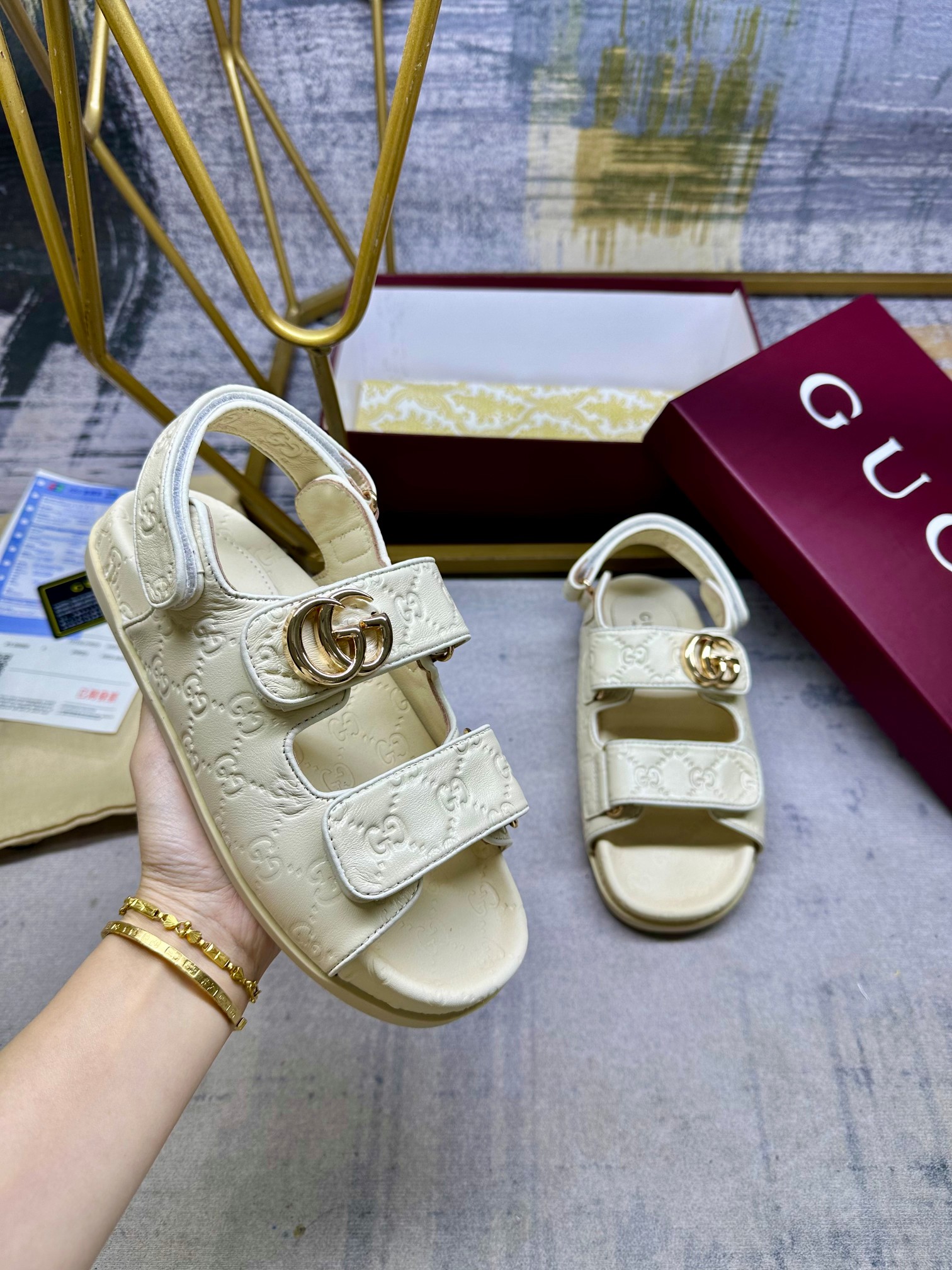 Gucci GG Leather Sandals with Double G Hardware & Adjustable Straps