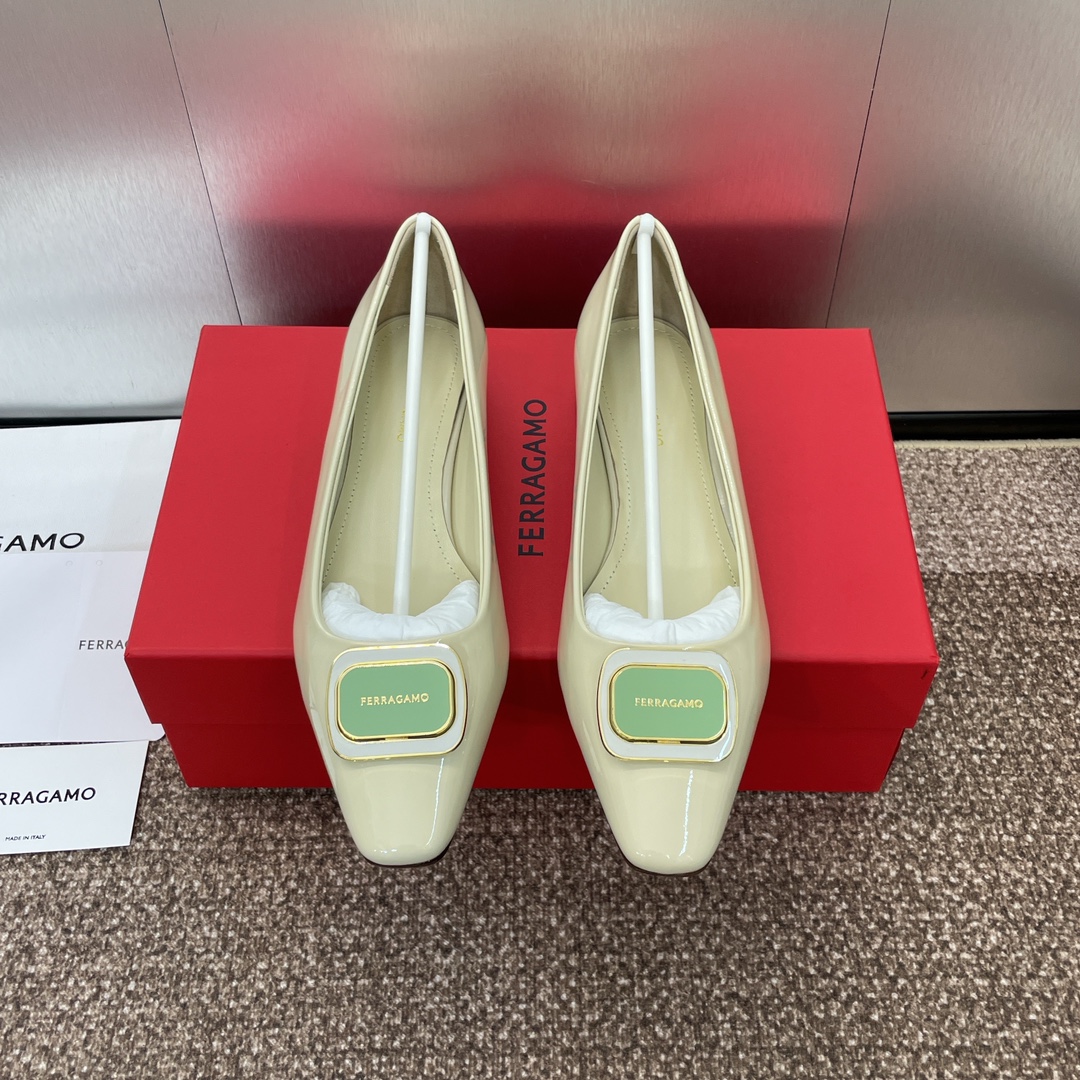 Ferragamo菲拉格慕2024春夏新款浅口女鞋SF标志性logo五金方扣低跟单鞋糖果色方头百搭小皮鞋