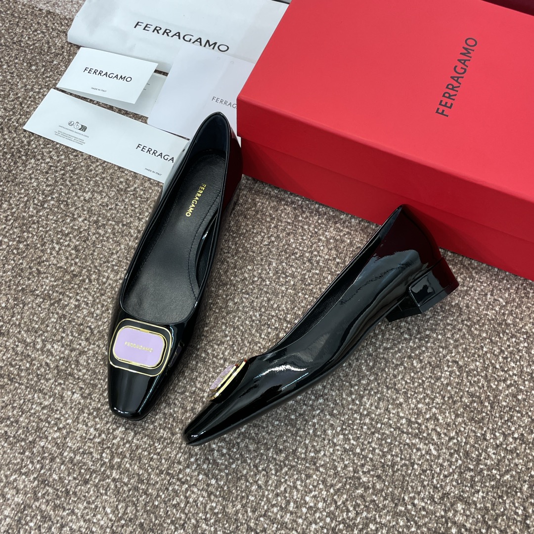 Ferragamo菲拉格慕2024春夏新款浅口女鞋SF标志性logo五金方扣低跟单鞋糖果色方头百搭小皮鞋