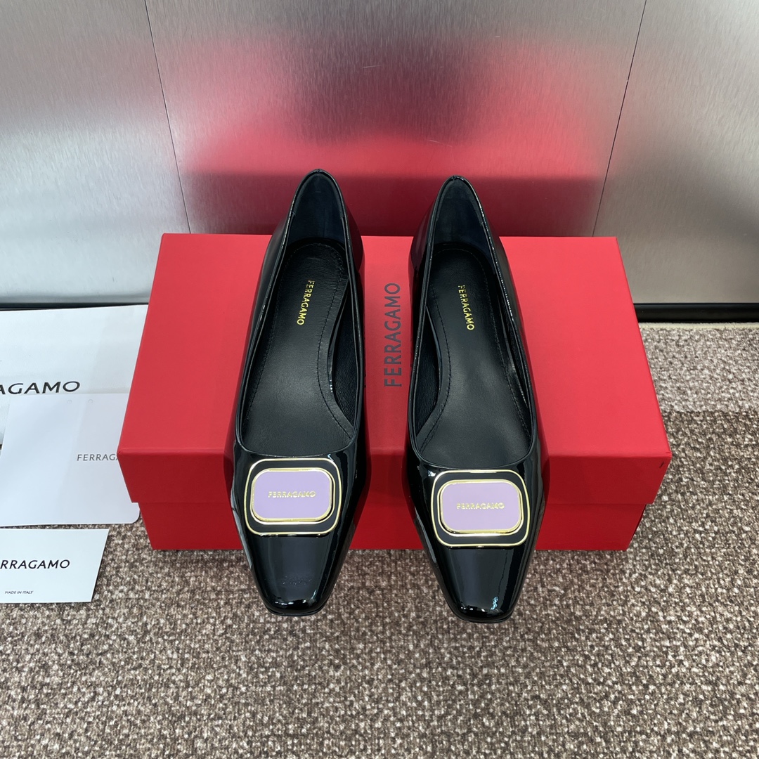 Ferragamo菲拉格慕2024春夏新款浅口女鞋SF标志性logo五金方扣低跟单鞋糖果色方头百搭小皮鞋