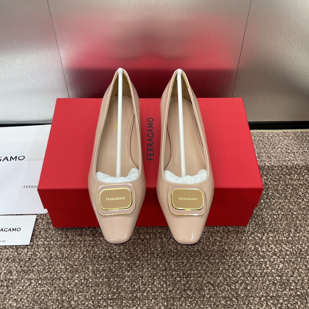 Ferragamo菲拉格慕2024春夏新款浅口女鞋SF标志性logo五金方扣低跟单鞋糖果色方头百搭小皮鞋