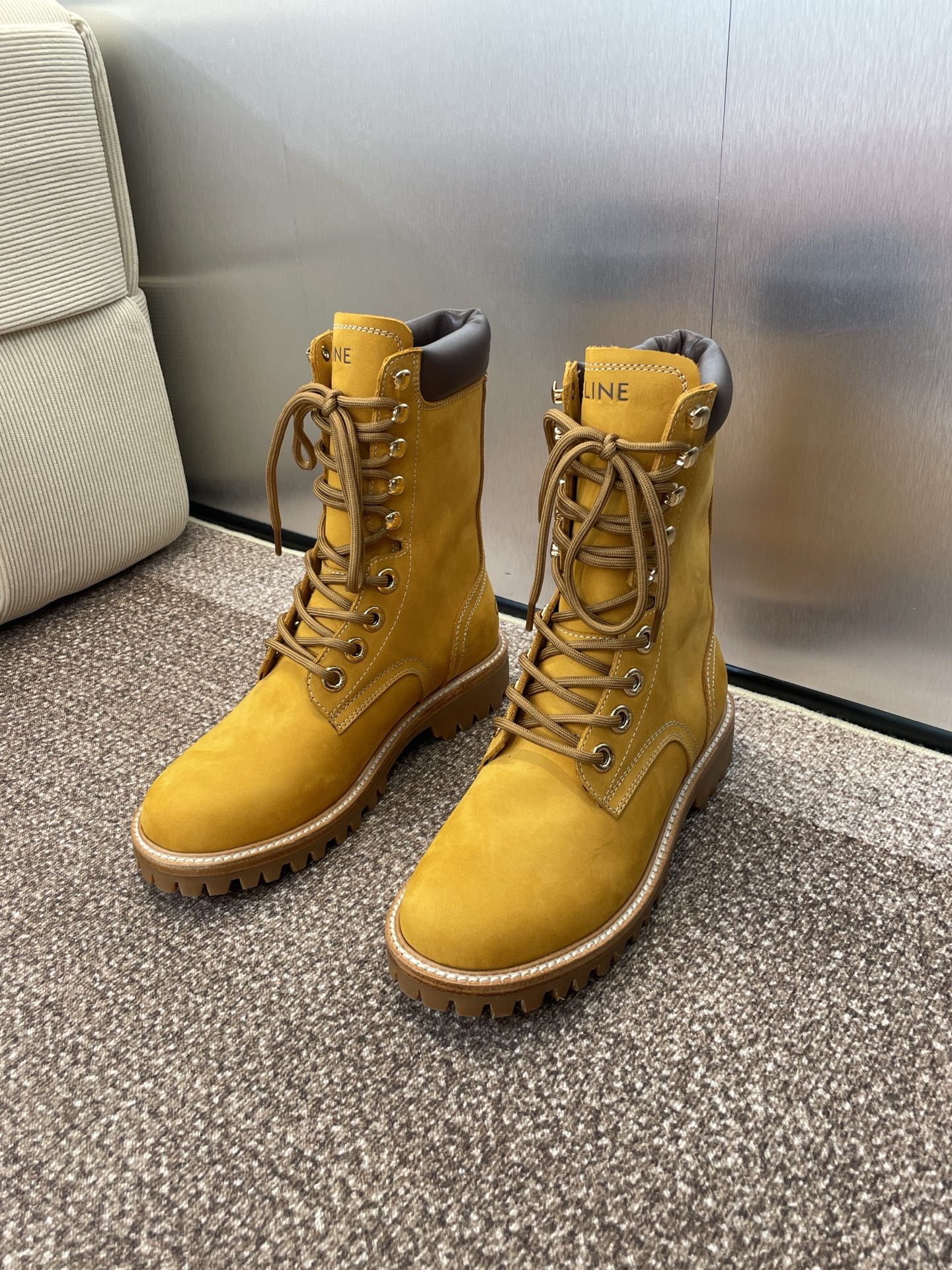 CELINE 秋冬情侣新款低跟系带机车短靴 赛琳字母logo拼色休闲骑士登山靴 男士+10材质：鞋面进口