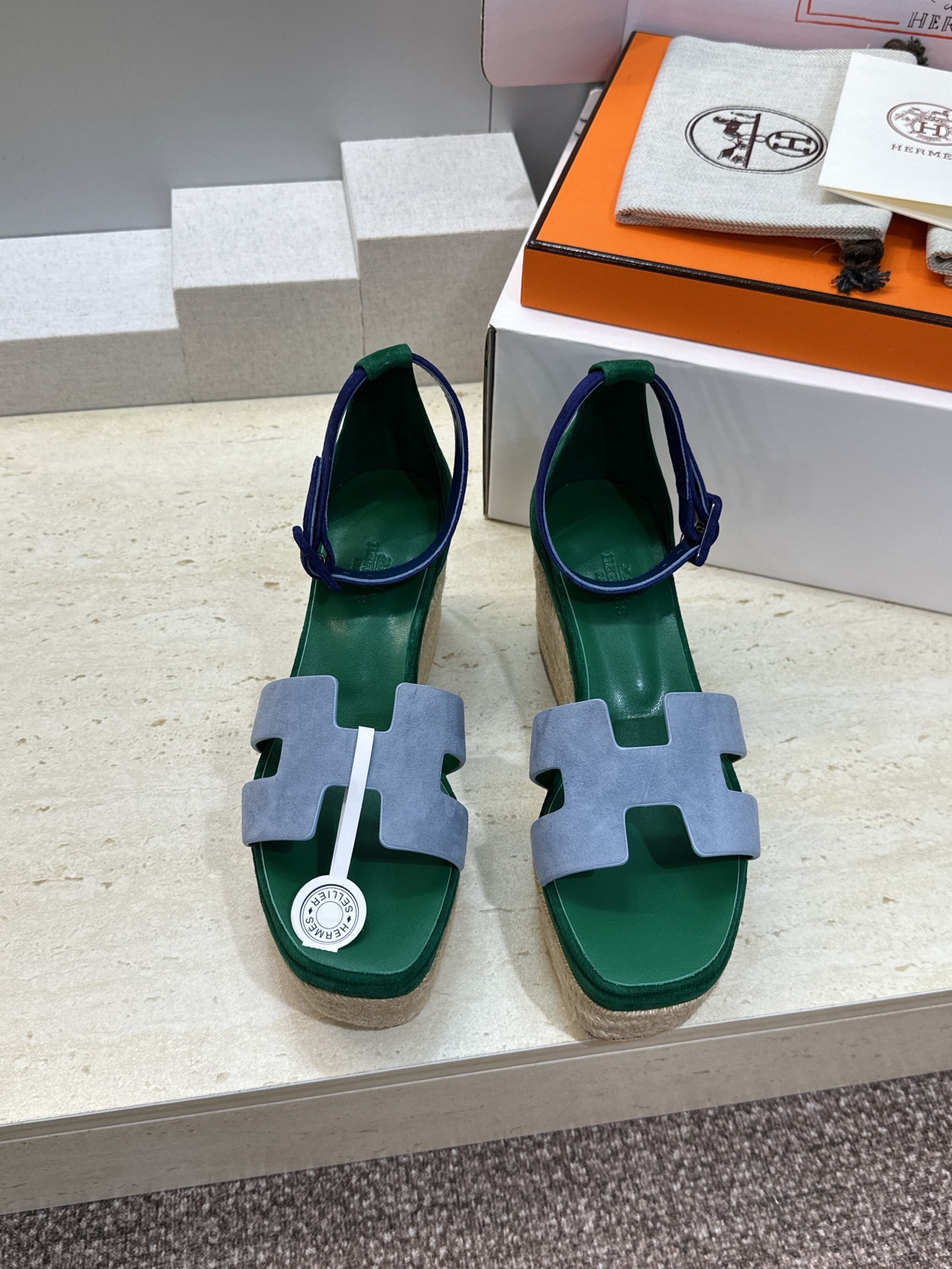 (配全套飞机盒) 莞货 代购级Hermes 爱马仕 2026春夏新色经典款 Luce 厚底拼色坡跟女鞋 