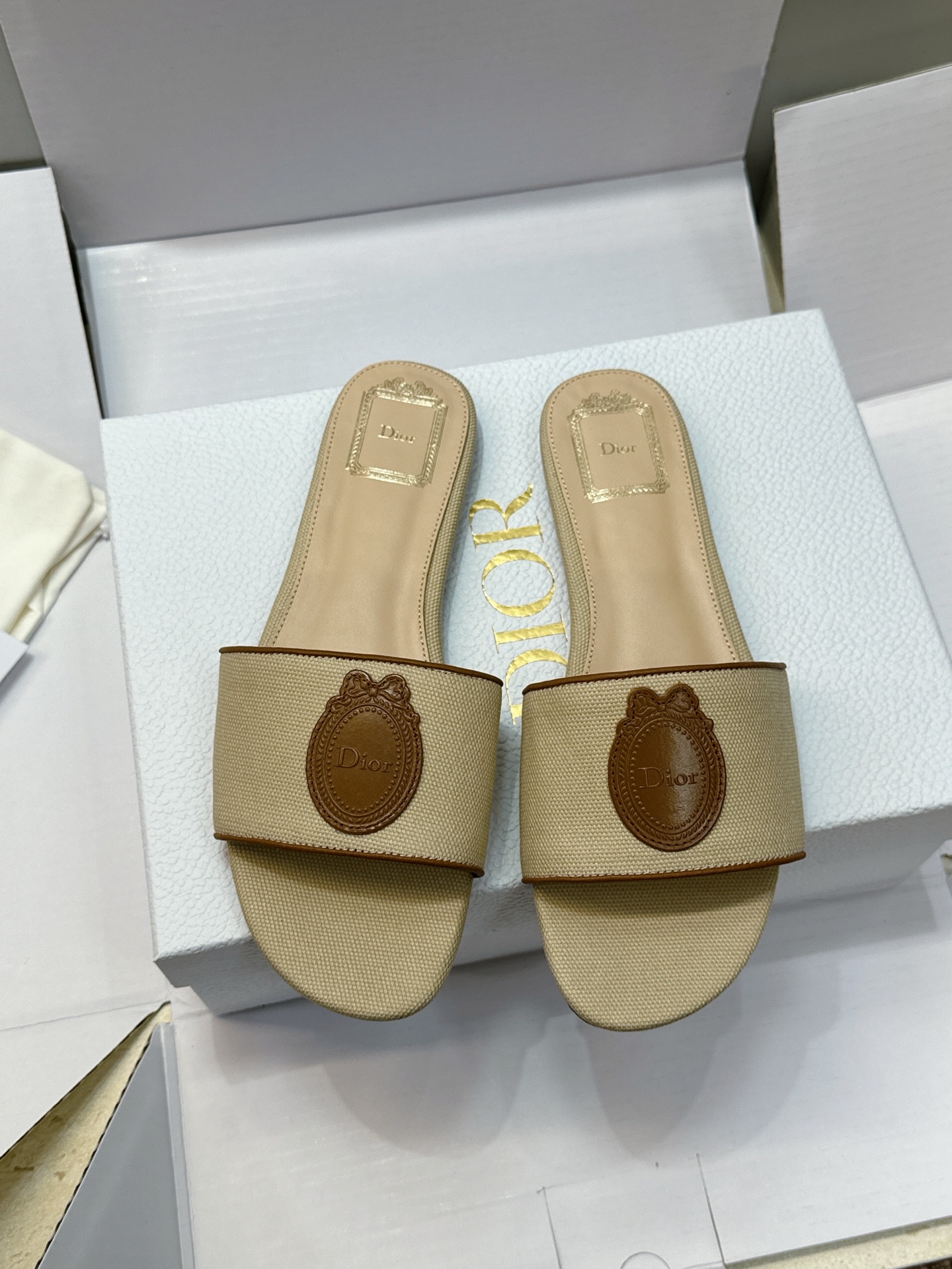 (配全套飞机盒) 迪奥 Dior 2026早春新款Medaillon一字拖女鞋 CD字母logo立体刺绣粗跟圆头露趾凉拖