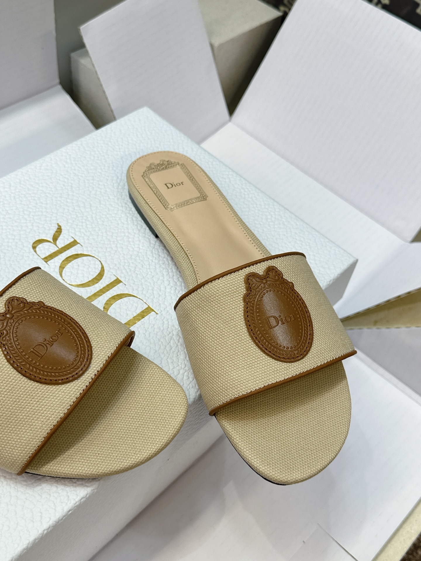 (配全套飞机盒) 迪奥 Dior 2026早春新款Medaillon一字拖女鞋 CD字母logo立体刺绣粗跟圆头露趾凉拖