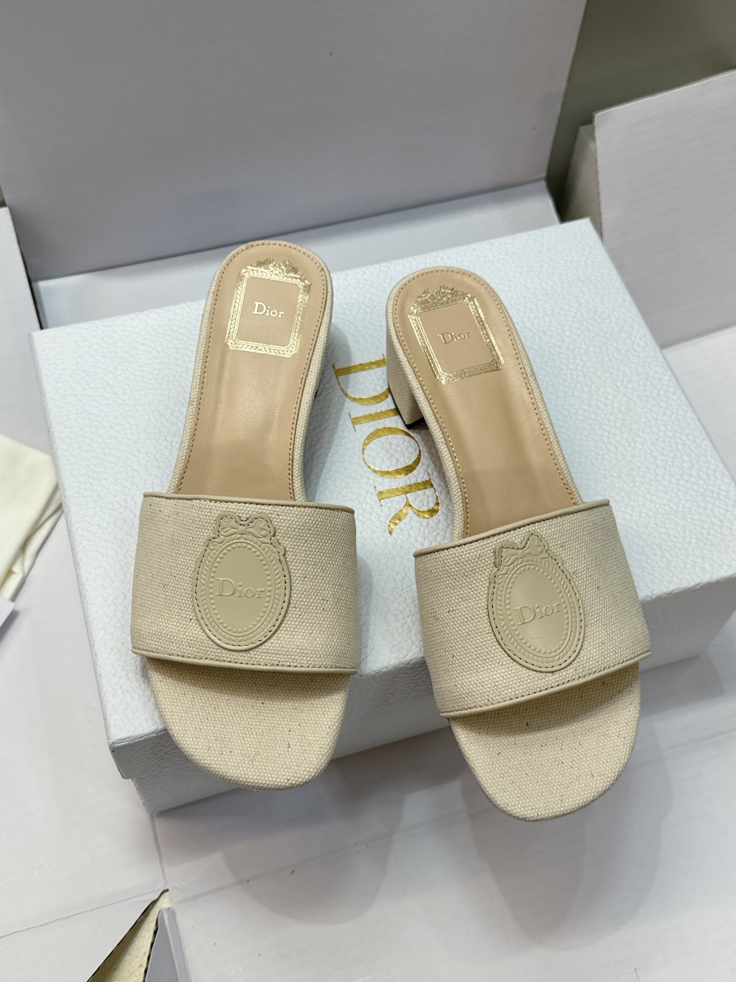 (配全套飞机盒) 迪奥 Dior 2026早春新款Medaillon一字拖女鞋 CD字母logo立体刺绣粗跟圆头露趾凉拖