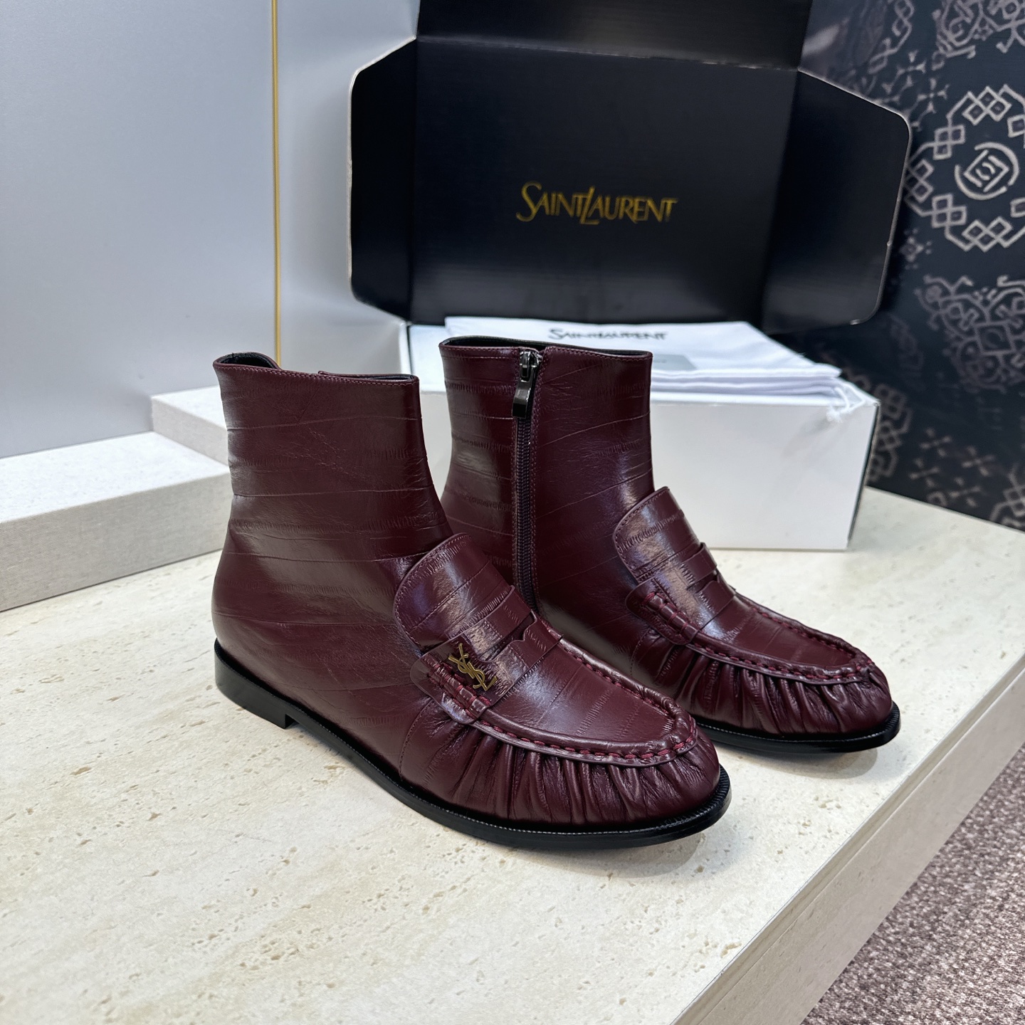 Saint Laurent Burgundy Gathered Ankle Boots