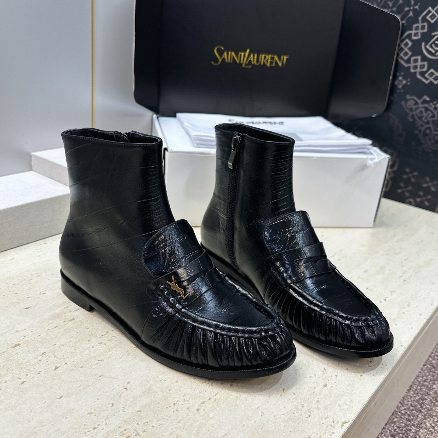 Saint Laurent Black Gathered Ankle Boots