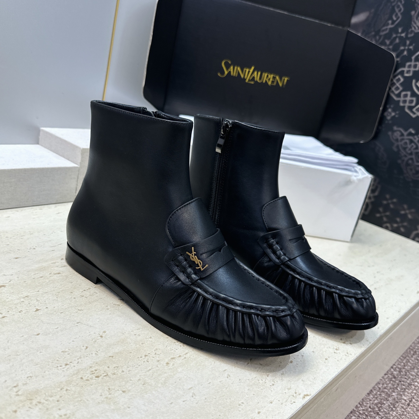 Saint Laurent Black Gathered Ankle Boots