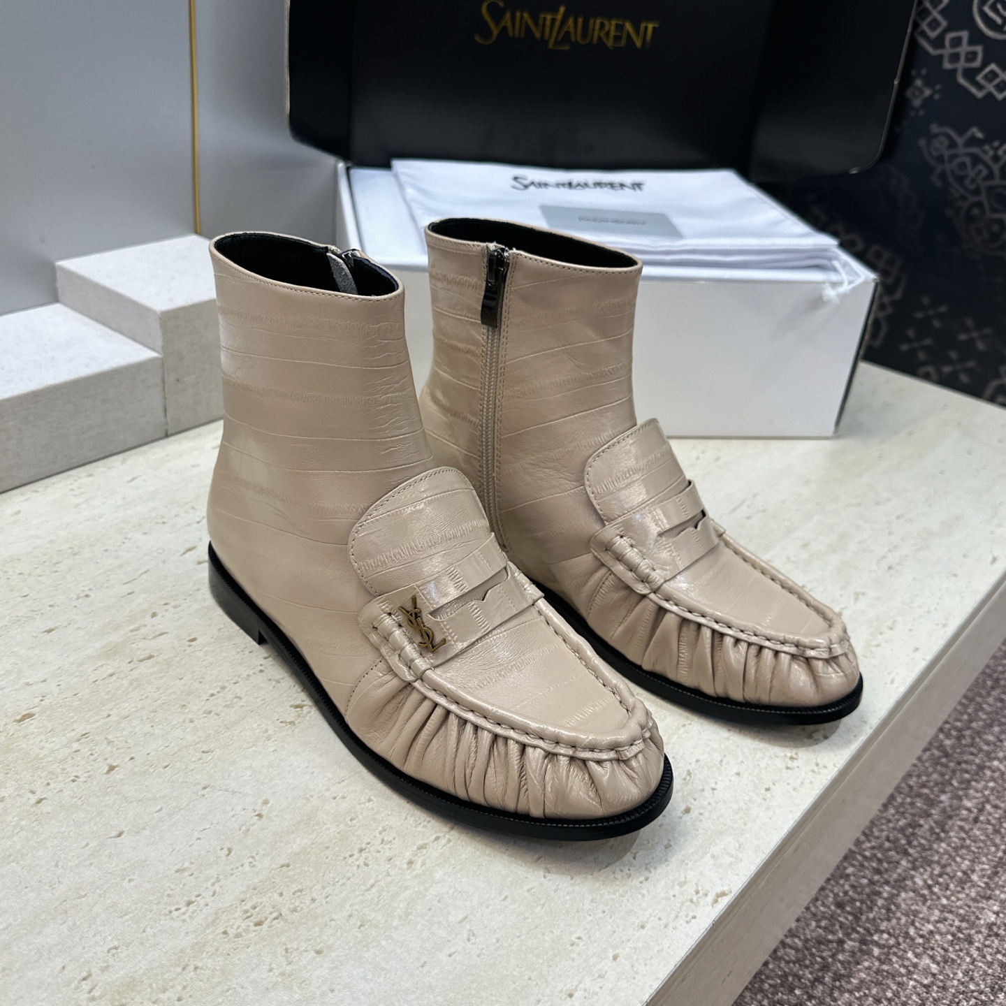 Saint Laurent Beige Gathered Ankle Boots