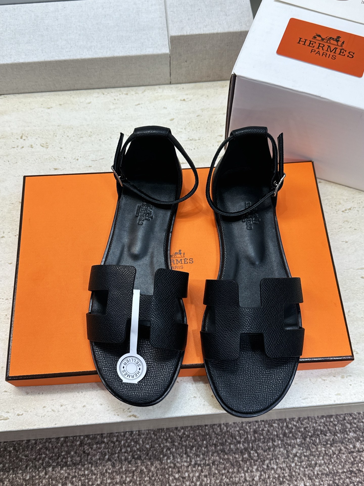 (配全套飞机盒) 莞货 顶级版 爱马仕 Hermes 春夏新色经典款 Santorini 拼色工字拖女鞋  H家平底圆头