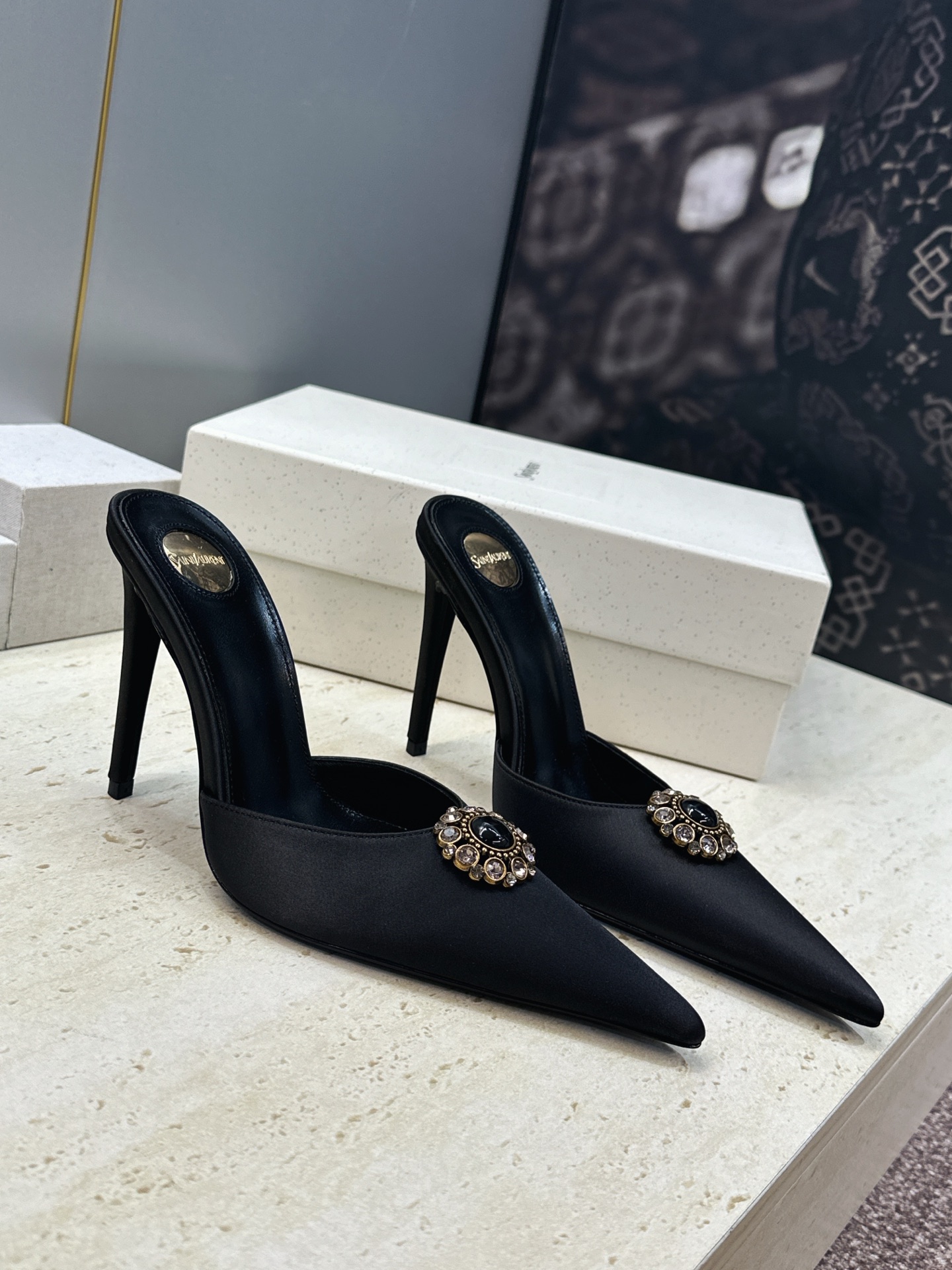 Saint Laurent Black Brooch Slingback Pumps