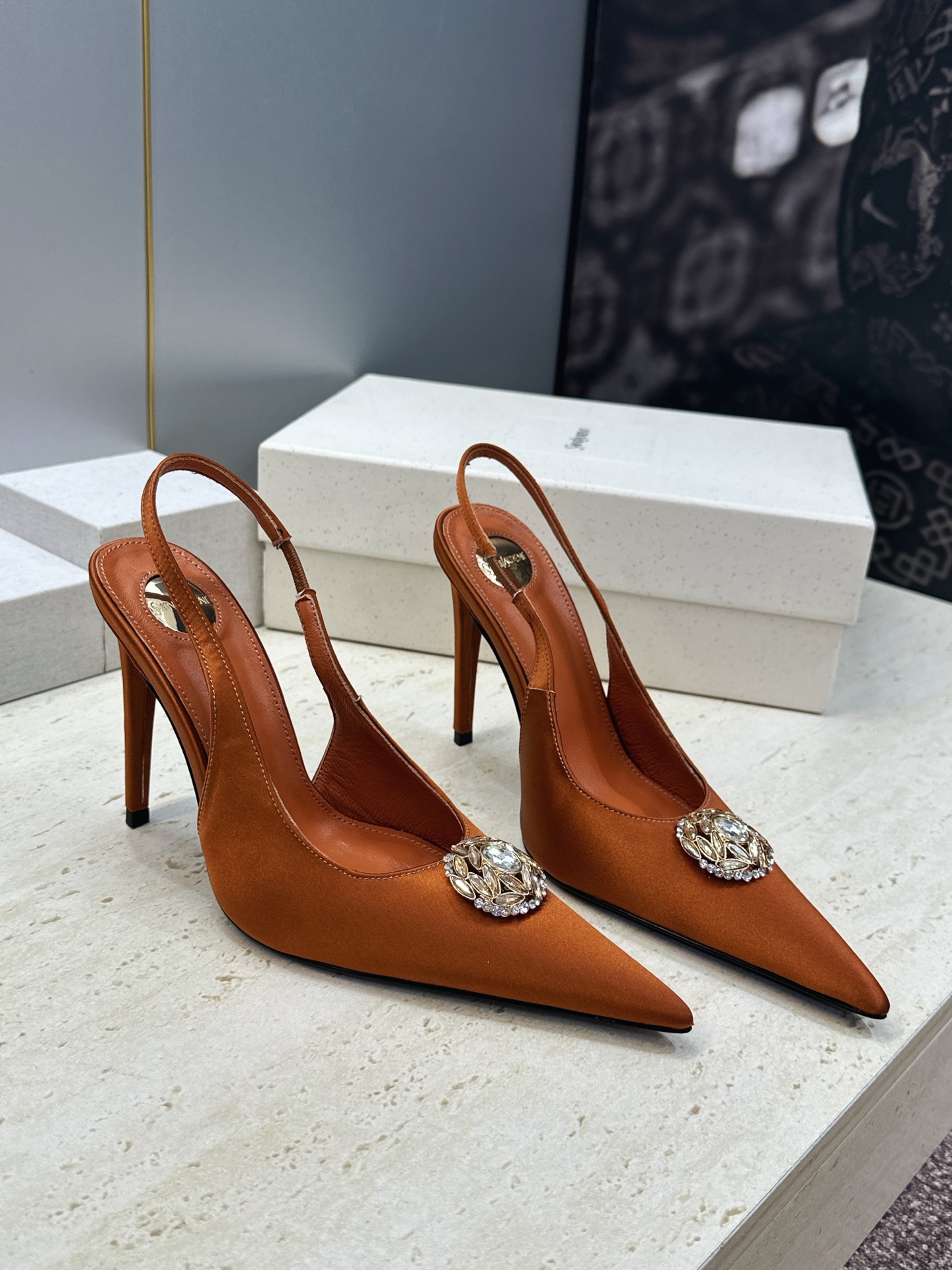 Saint Laurent Orange Brooch Slingback Pumps