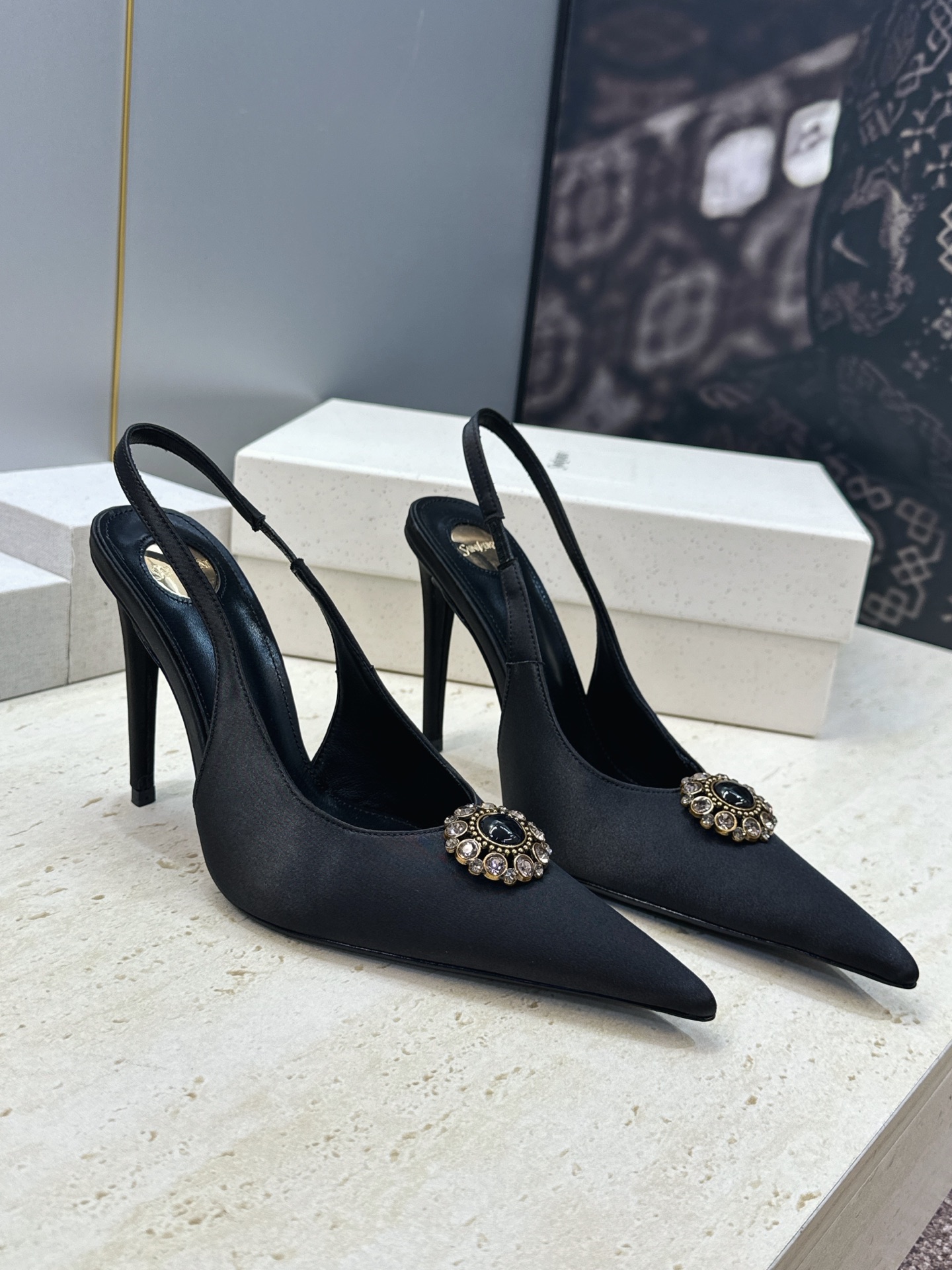 Saint Laurent Black Brooch Slingback Pumps