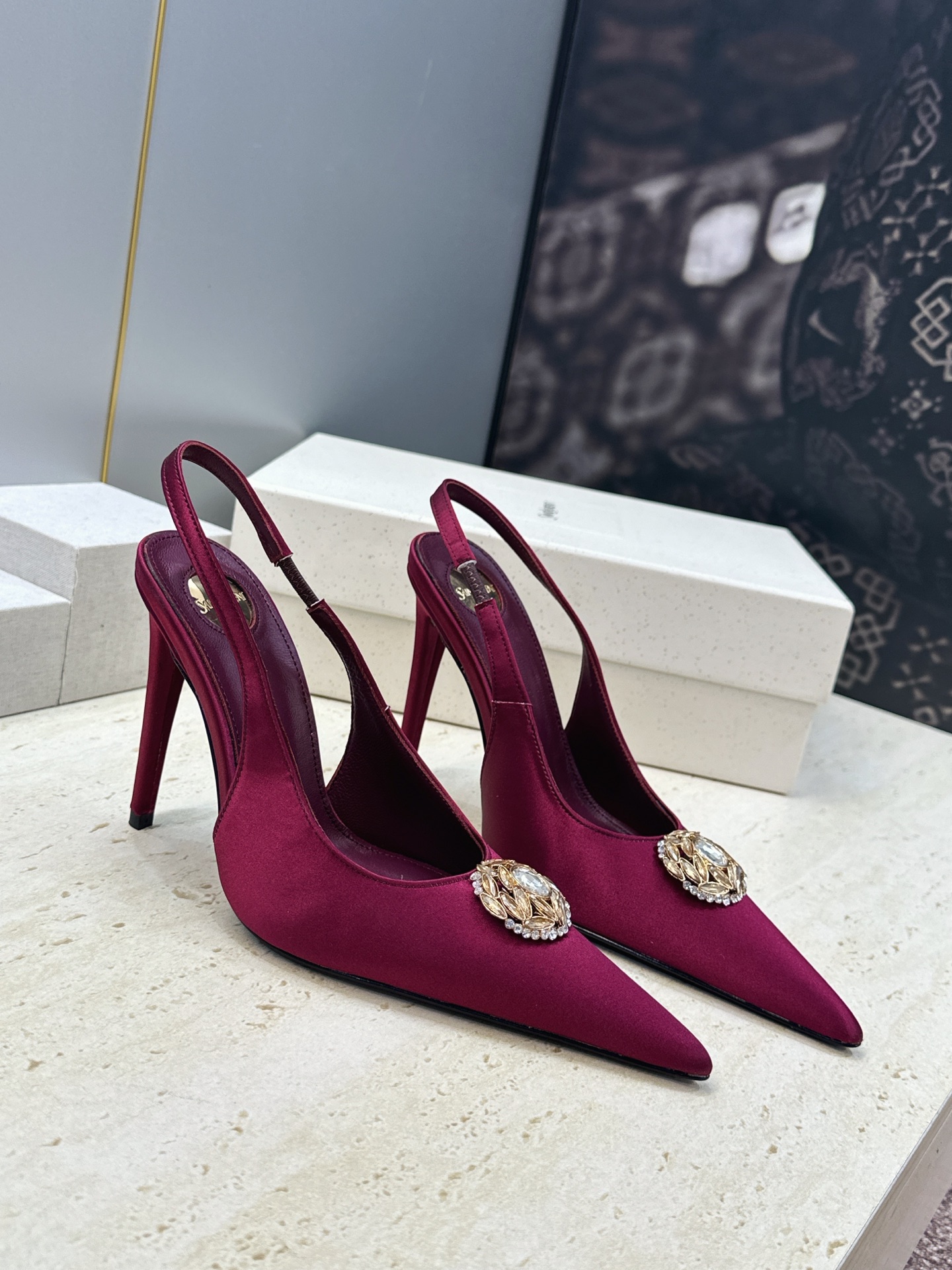 Saint Laurent Burgundy Brooch Slingback Pumps