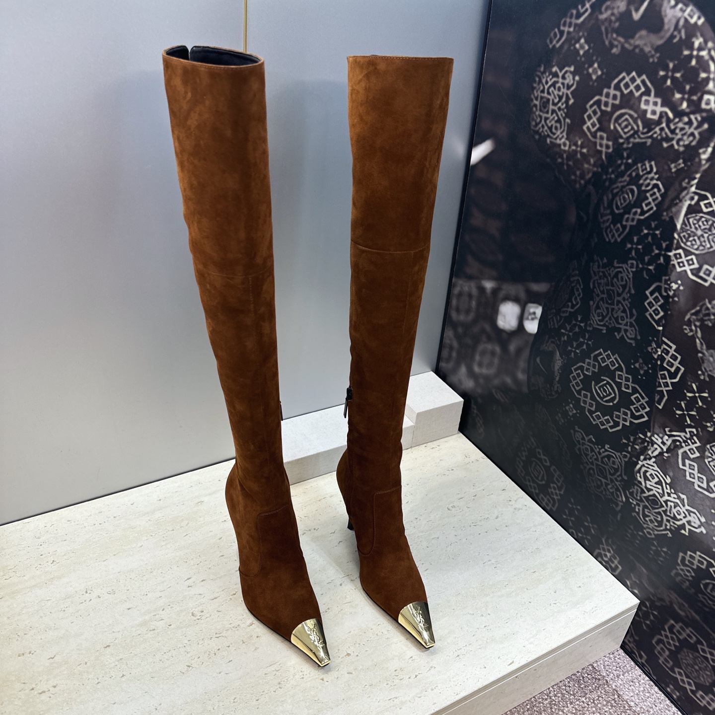 Saint Laurent Tan Gold Toe Over Knee Boots