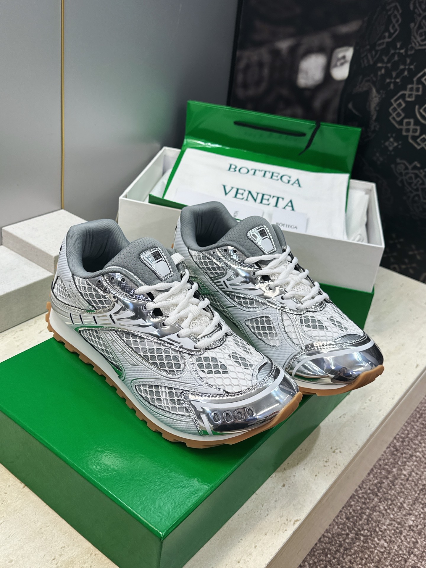 Bottega Veneta Silver Lace Up Sneakers