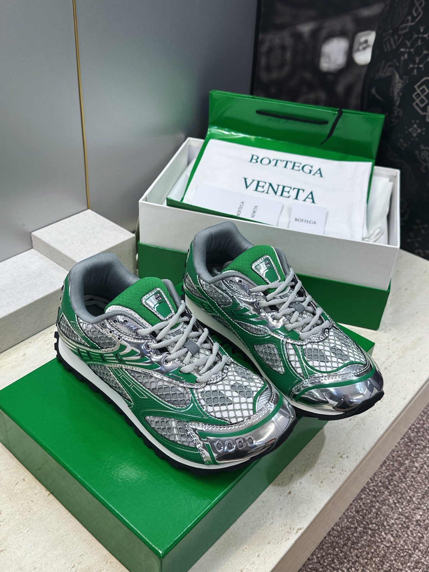 Bottega Veneta Green and Silver Sneakers