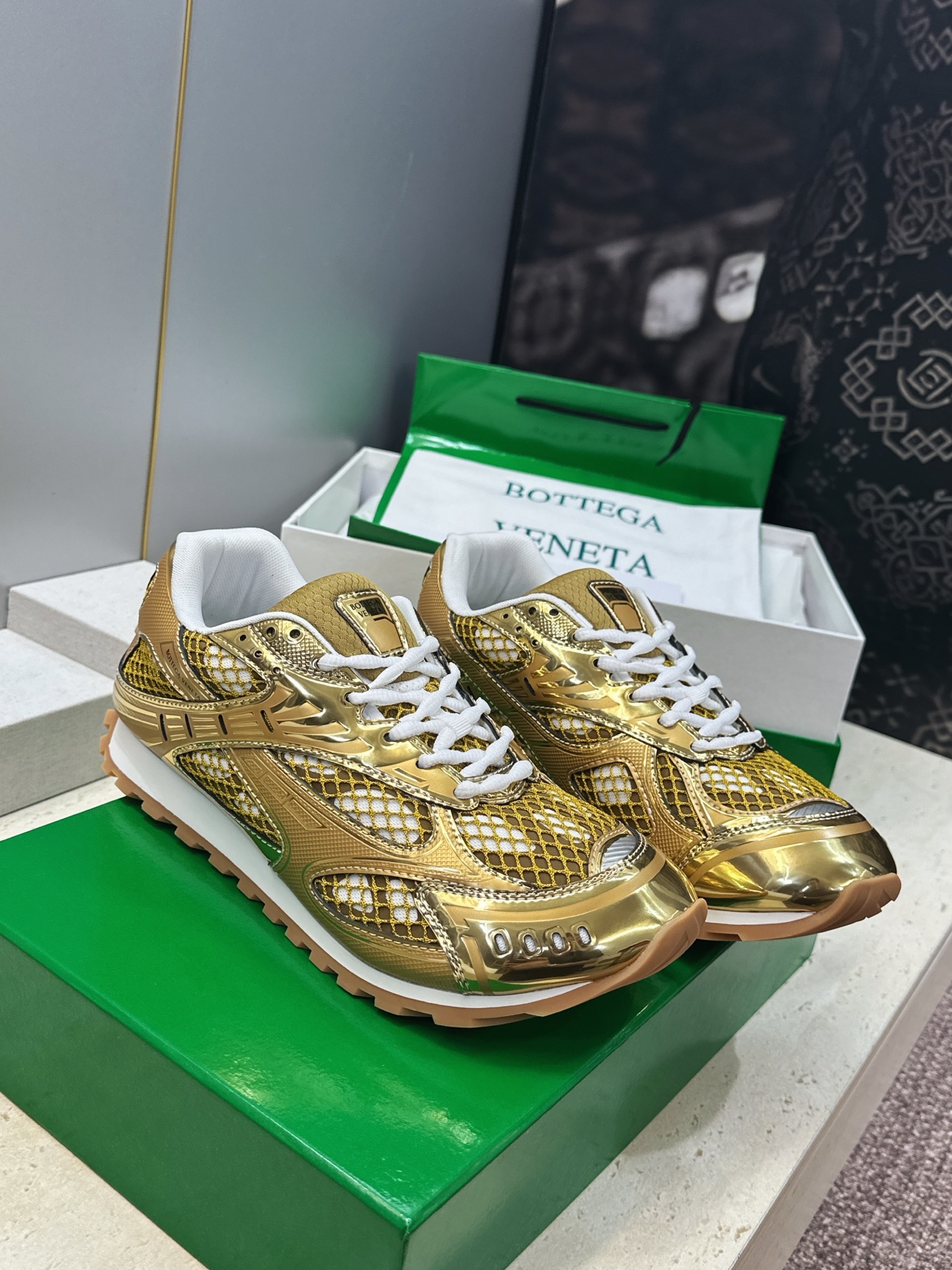 Bottega Veneta Gold Lace Up Sneakers