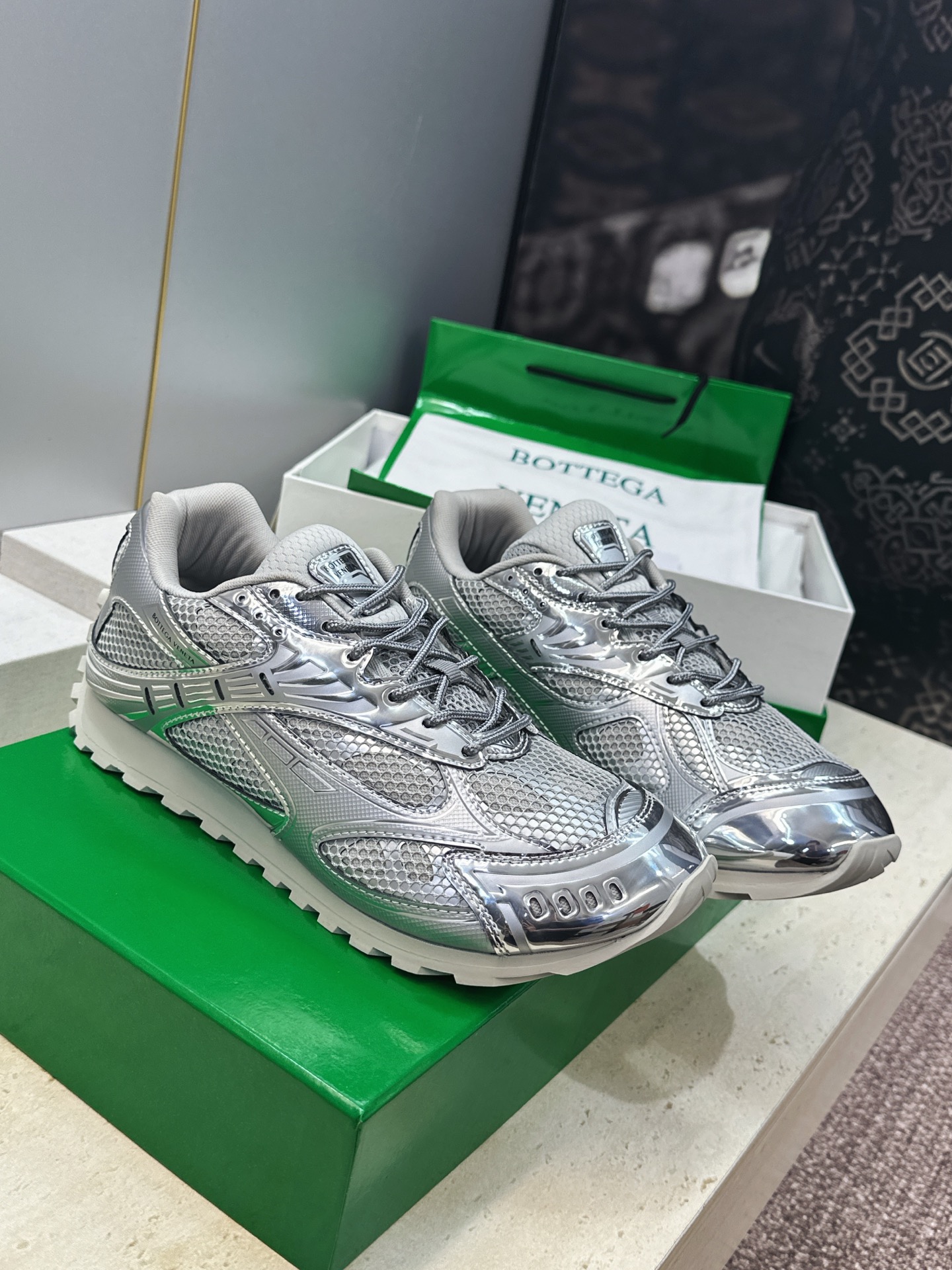 Bottega Veneta Silver Lace Up Sneakers