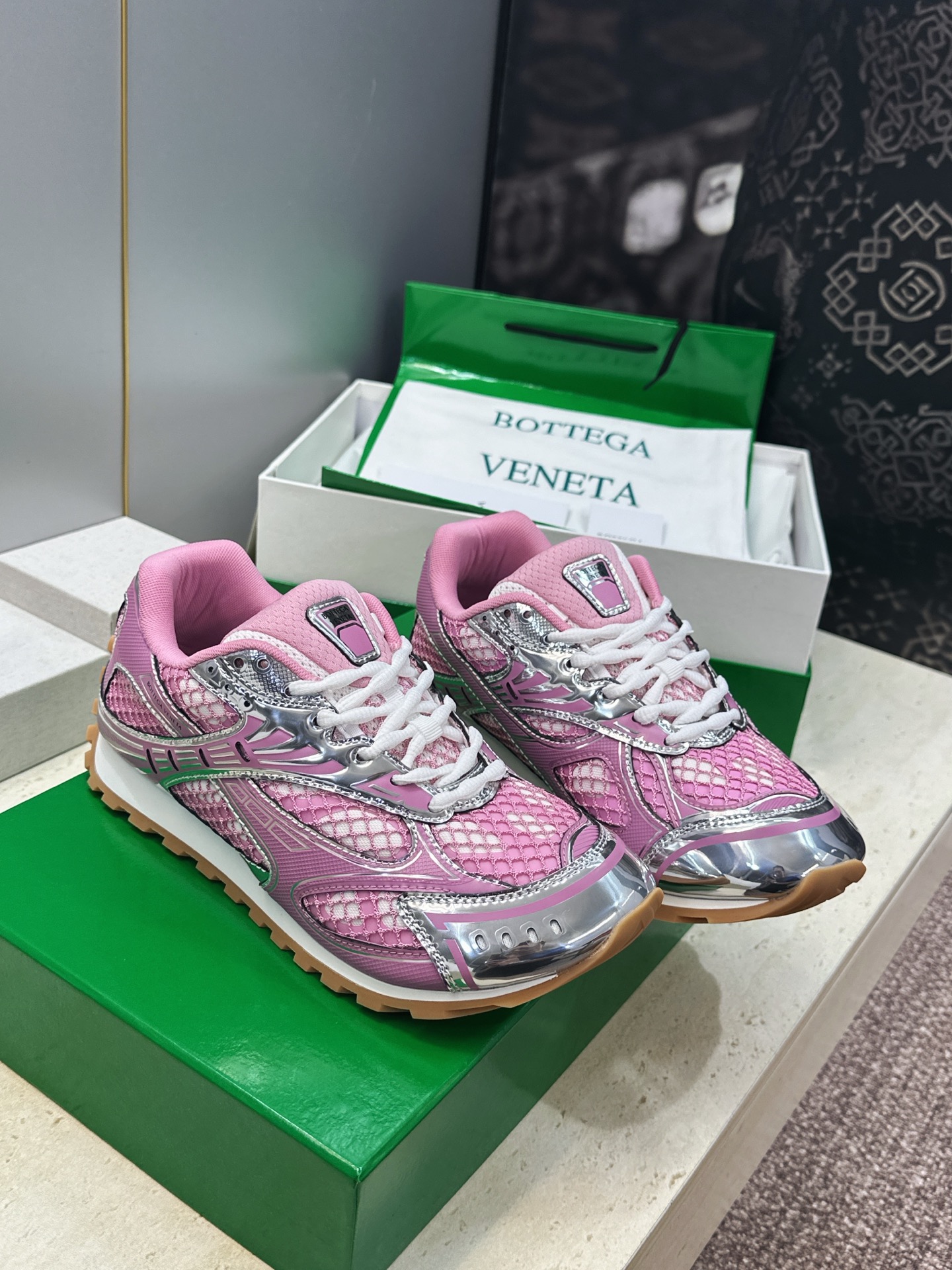 Bottega Veneta Pink and Silver Sneakers