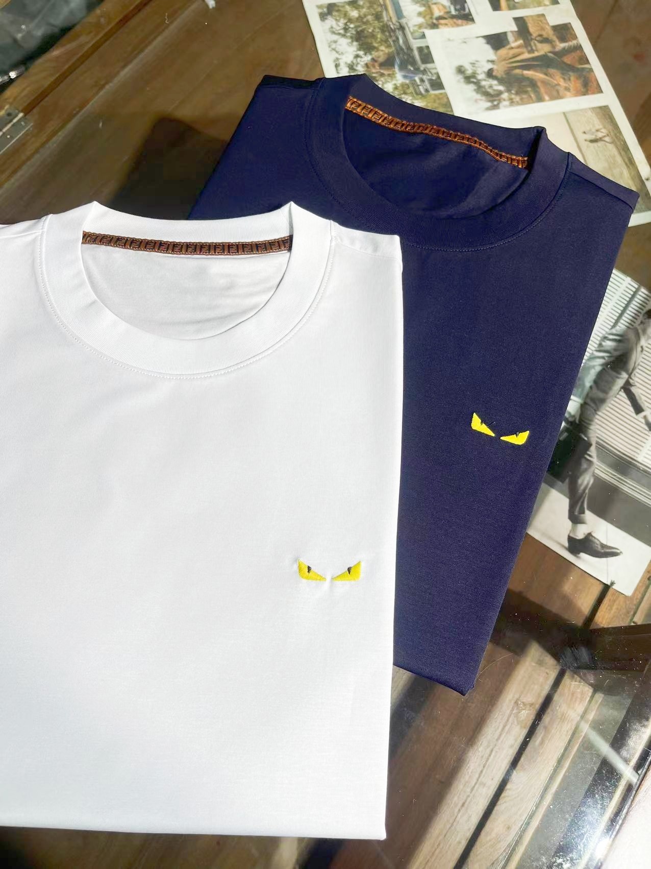 NO:155566,JM009 Spring and summer new FD Fendi small eyes round neck short T, paired with double F webbing, embroidered small eyes, blue and white M-XXXL, fendi, alexander wang19860909JM009 春夏新款FD芬迪小眼睛圆领短T,搭配双F织带,刺绣小眼睛,蓝色白色M-XXXL,,fendi,alexander wang,Men's clothing