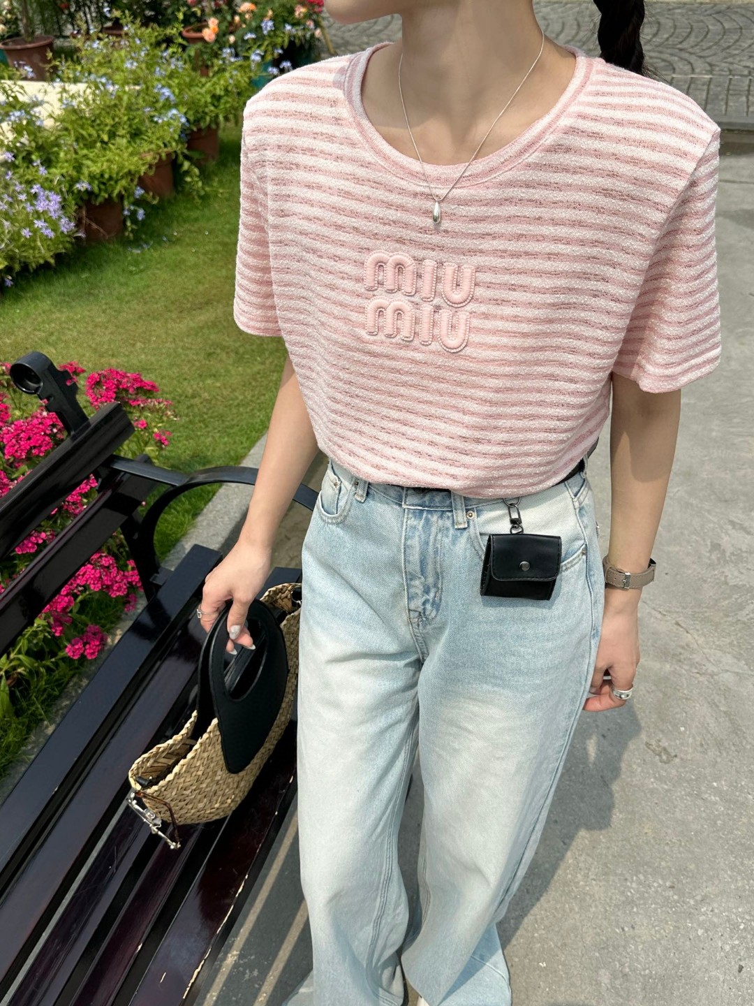 Miu Miu Striped Linen-Knit Short Sleeve T-Shirt - Breathable & Soft 6 a1746879328285 2636