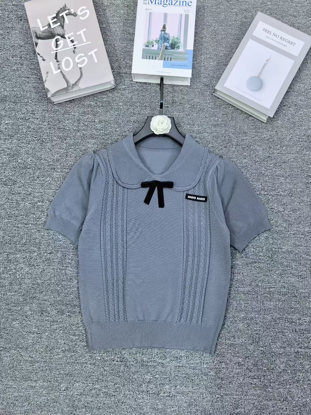 Peter Pan Collar Bow Knit Top, Short Sleeve Slim Fit Shirt for Women 4 a1754481488552 8342