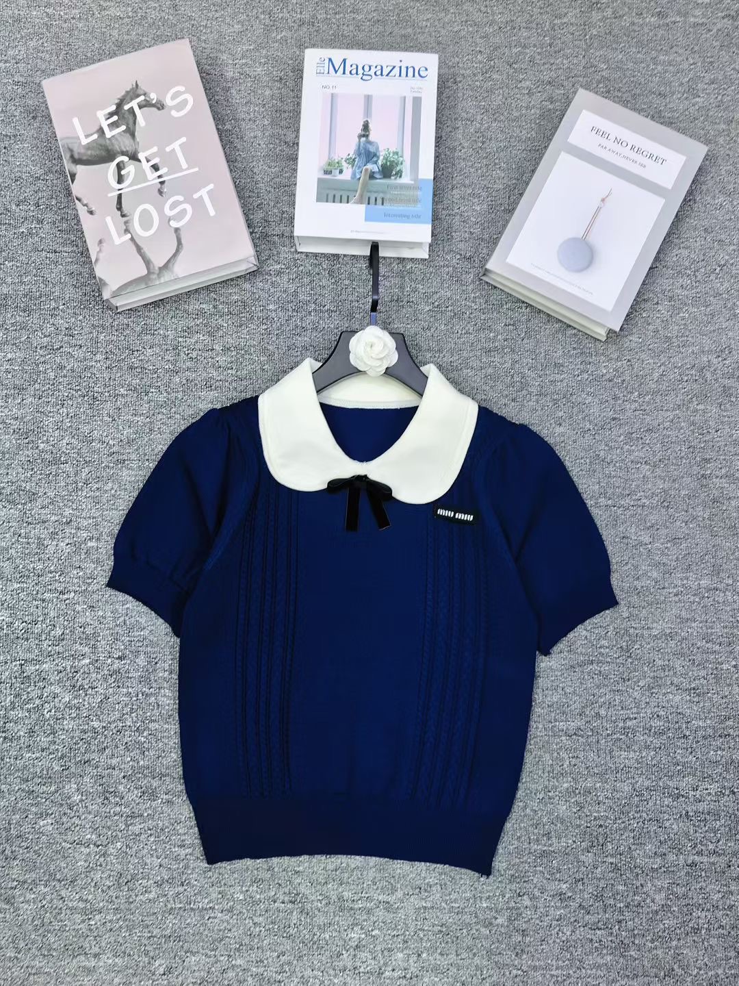 Peter Pan Collar Bow Knit Top, Short Sleeve Slim Fit Shirt for Women 3 a1754481488572 1152