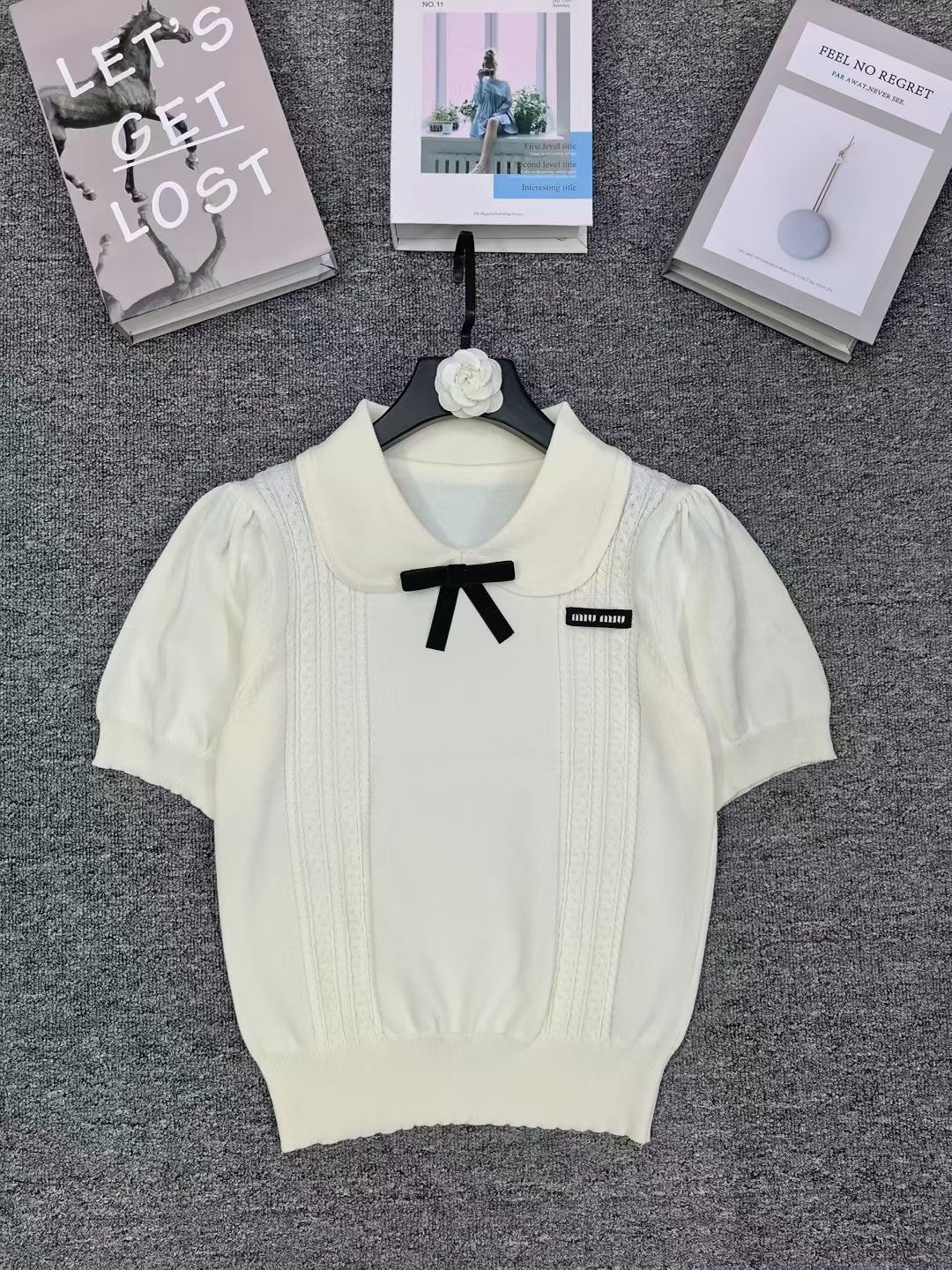 Peter Pan Collar Bow Knit Top, Short Sleeve Slim Fit Shirt for Women 2 a1754481488579 3357