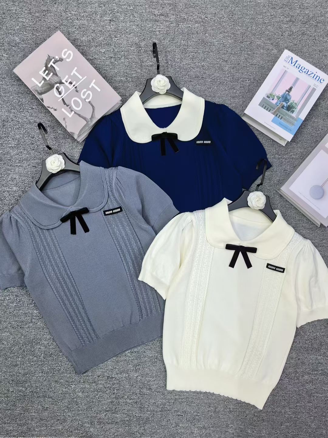 Peter Pan Collar Bow Knit Top, Short Sleeve Slim Fit Shirt for Women 1 a1754481488581 5830