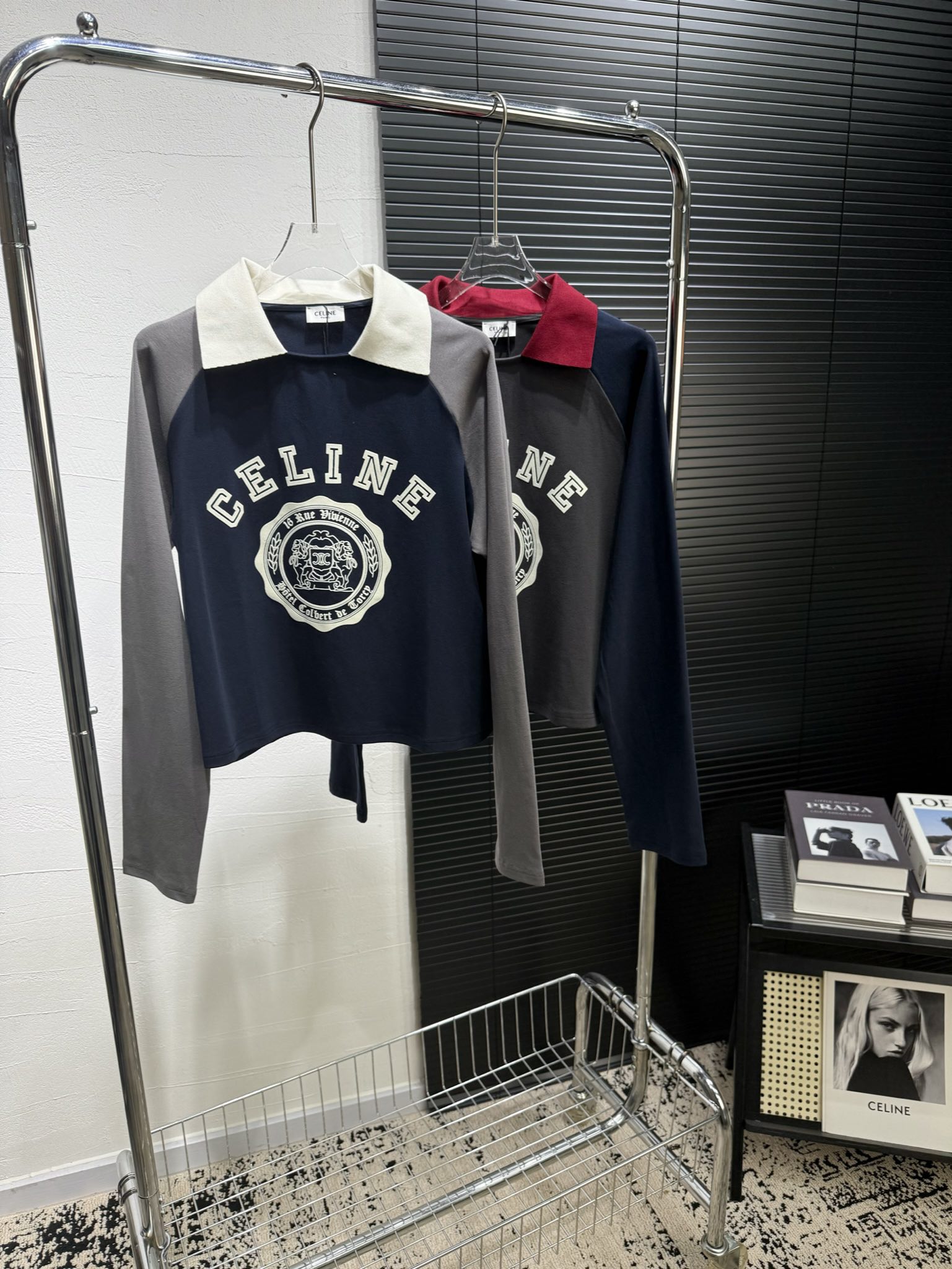 Celine Women's Polo Collar Color Block Long Sleeve T-Shirt, Designer Style